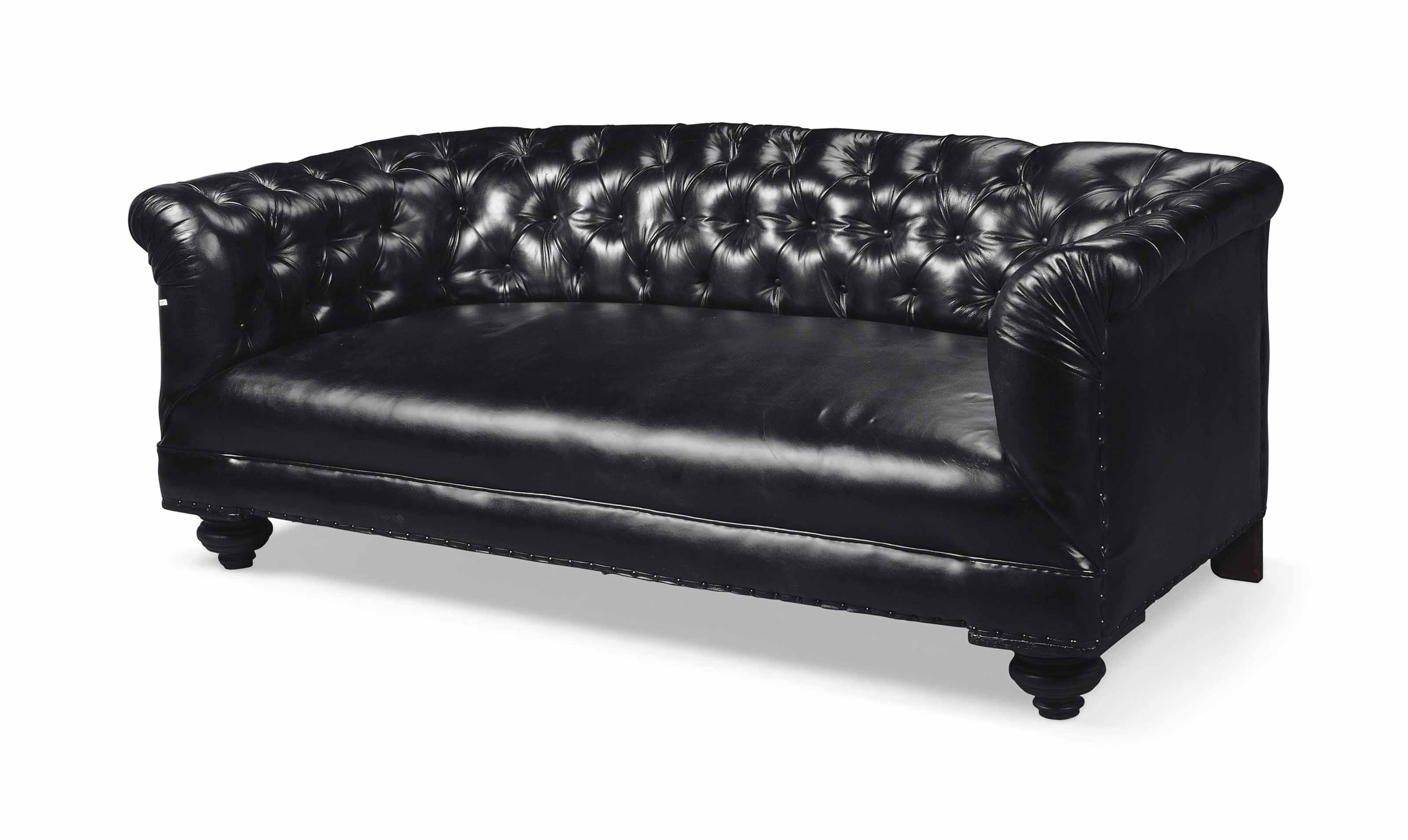 A Part Buttoned Black Leather Chesterfield Sofa Early 20th