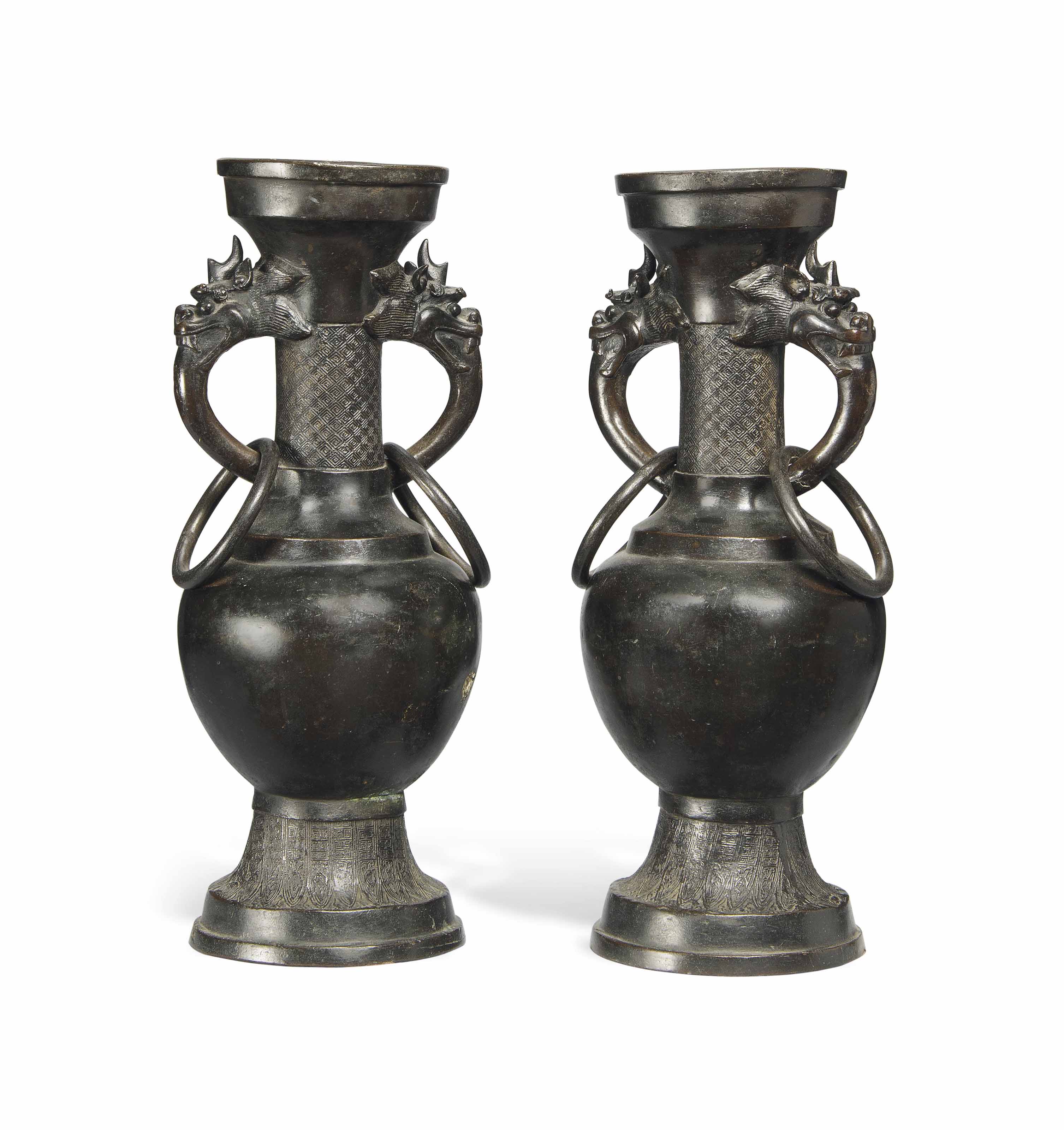 A PAIR OF CHINESE BRONZE VASES