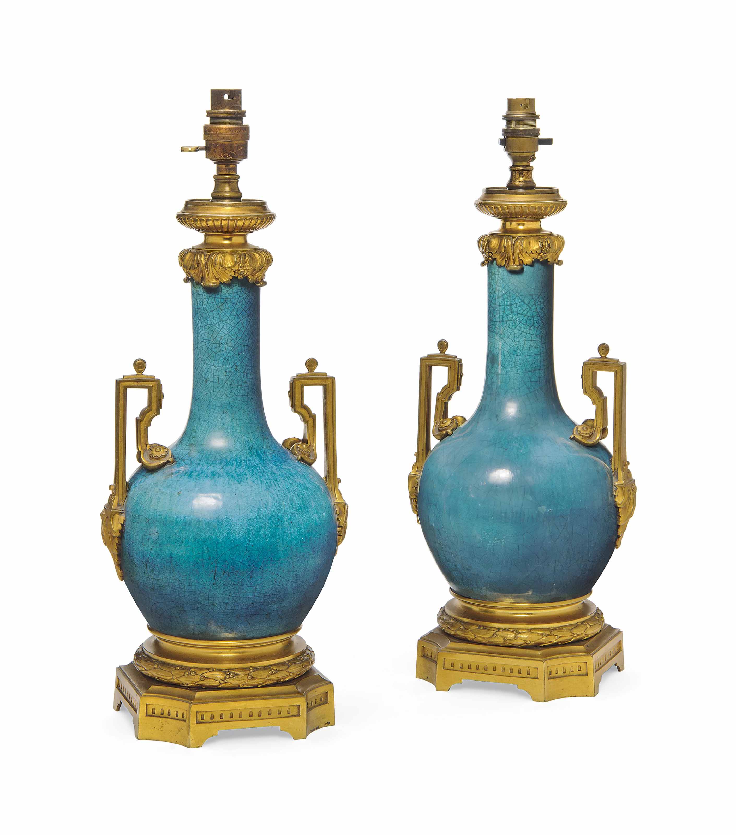 A PAIR OF FRENCH GILT BRONZE MOUNTED CRACKLE GLAZED TURQUOISE CERAMIC 