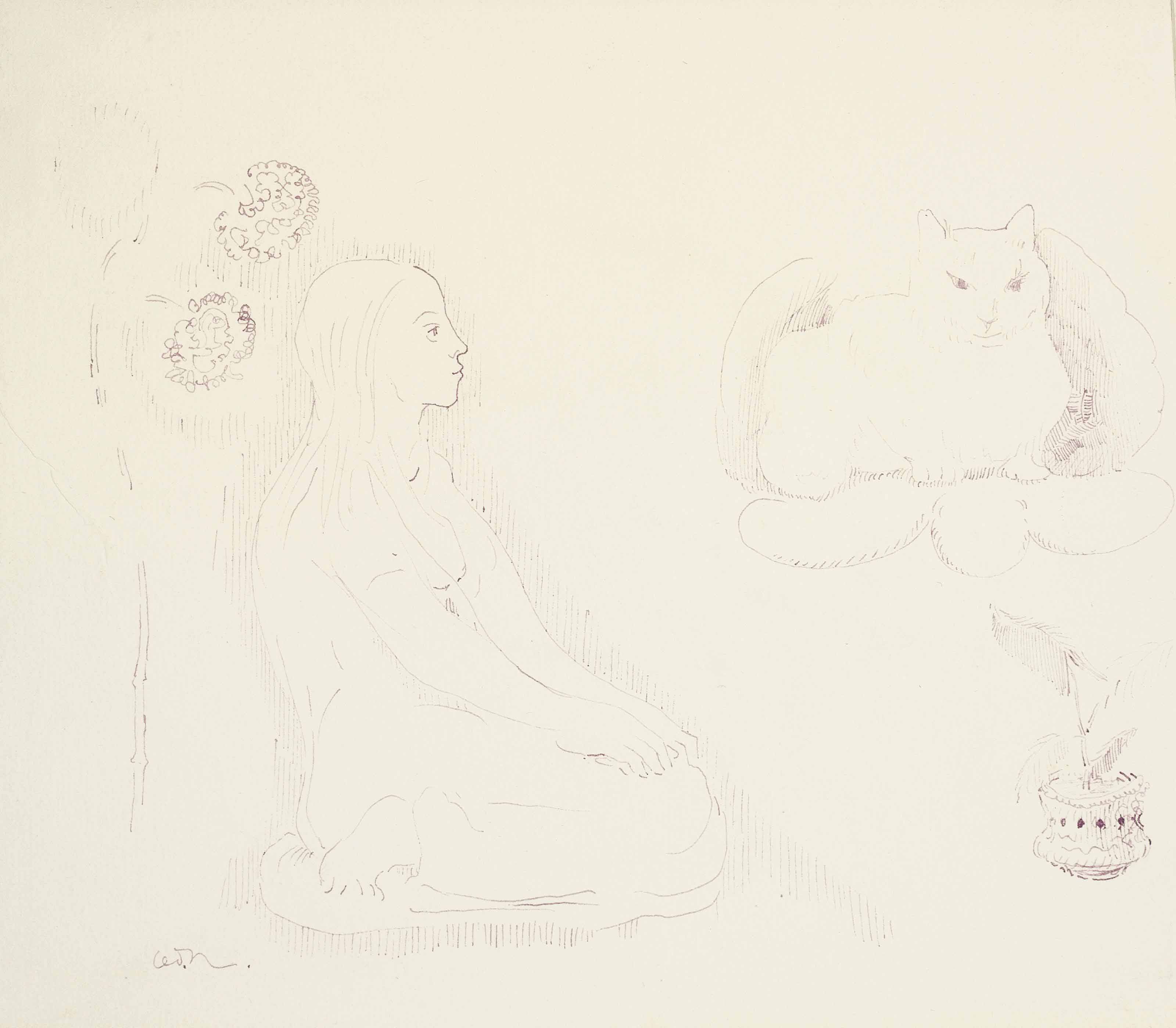 Jeune fille avec chat et fleurs
