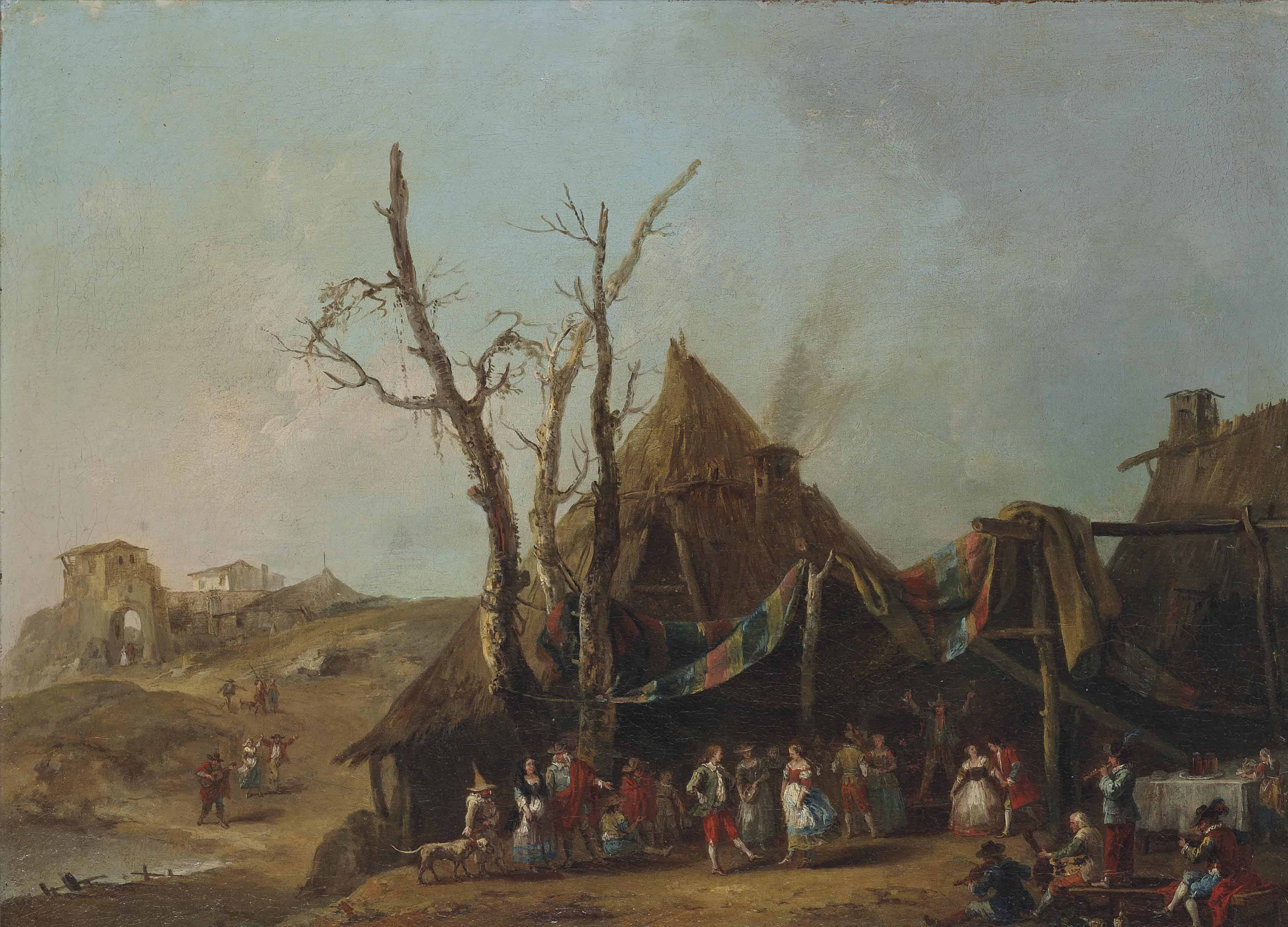 Elegant company dancing and marry-making, a fortified town beyond
