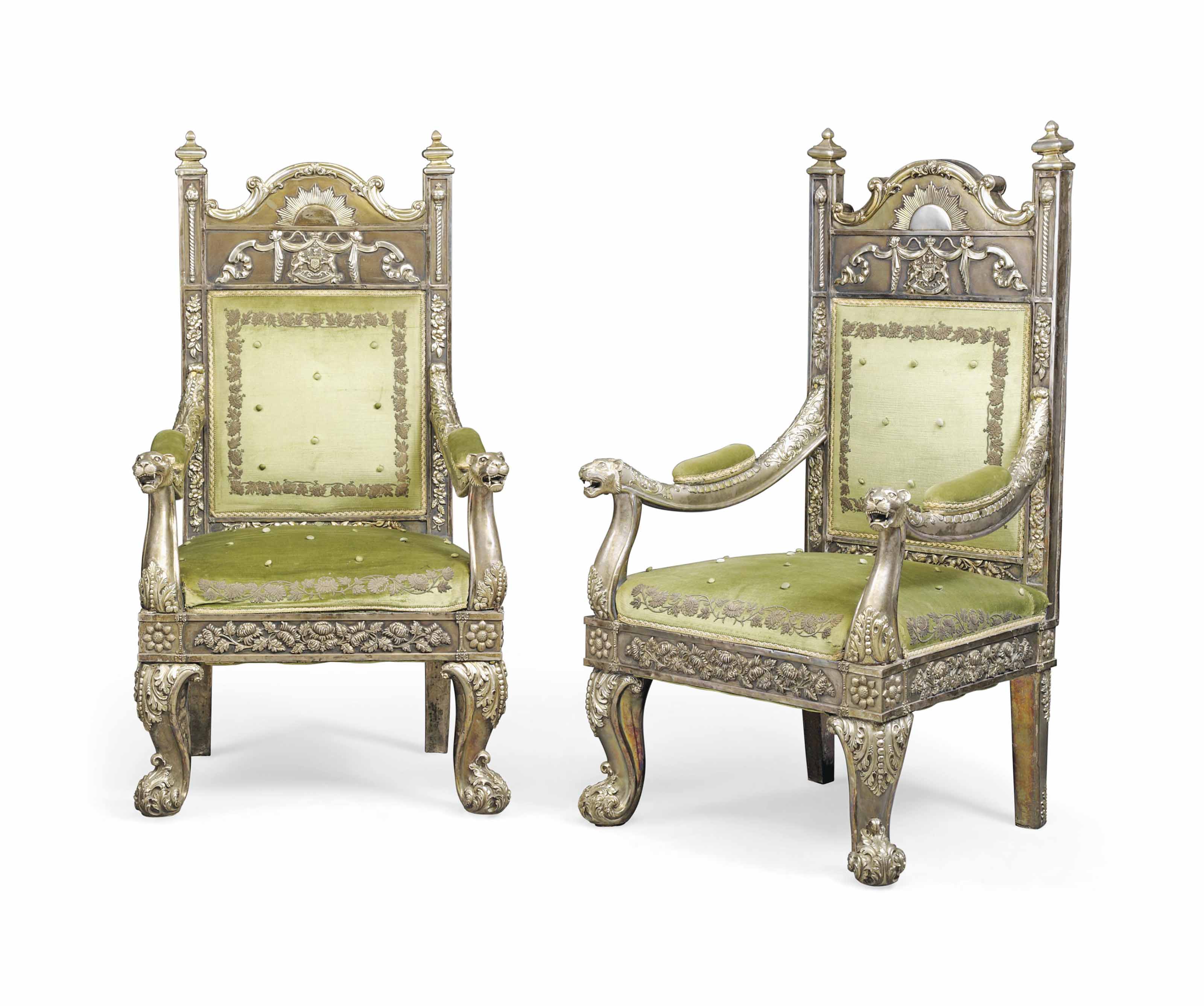 A Sumptuous Pair Of Royal Parcel Gilt Silver Throne Armchairs