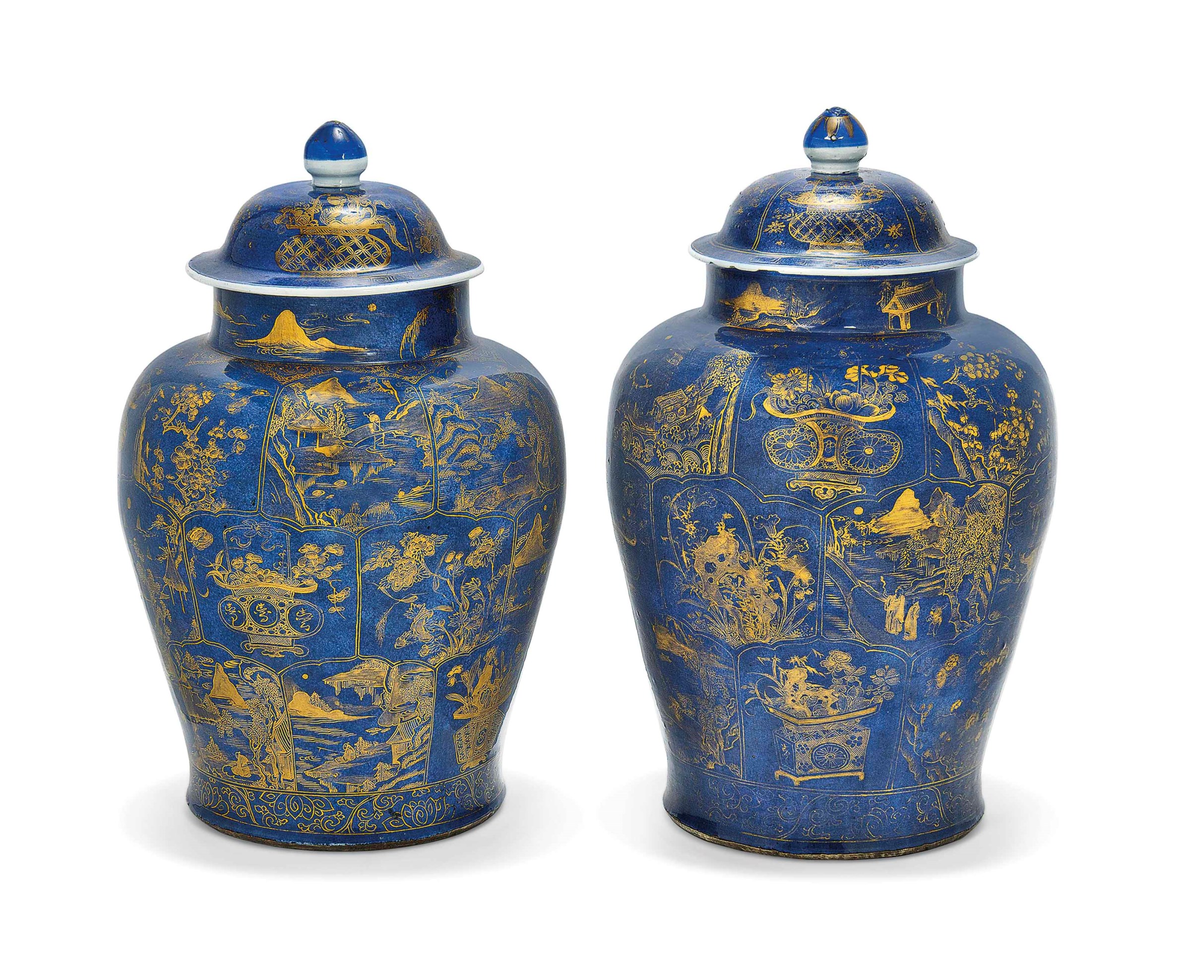 A PAIR OF LARGE GILTDECORATED POWDER BLUE JARS AND COVERS