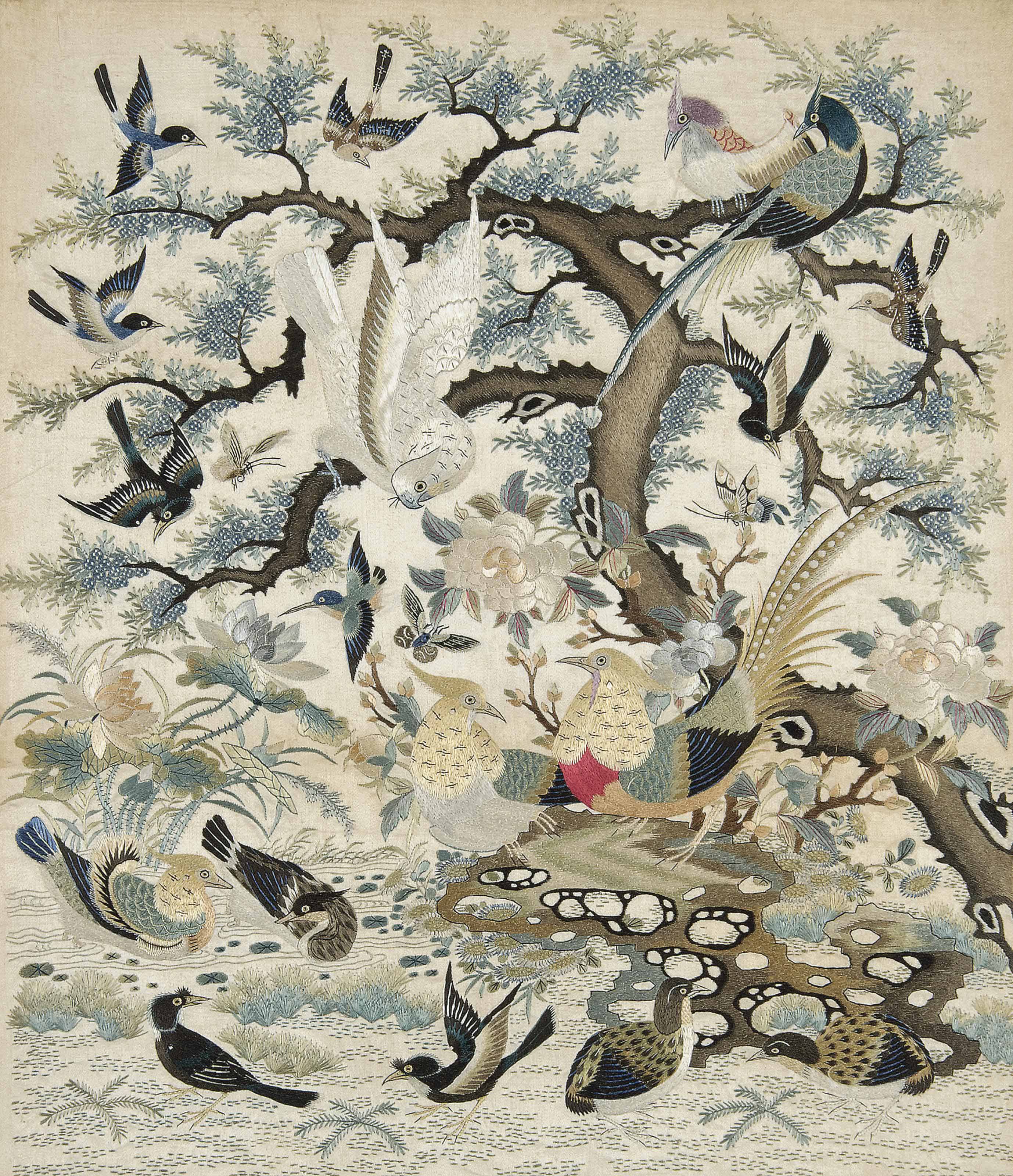 An Embroidered Silk Hundred Birds Panel 19th Century Birds