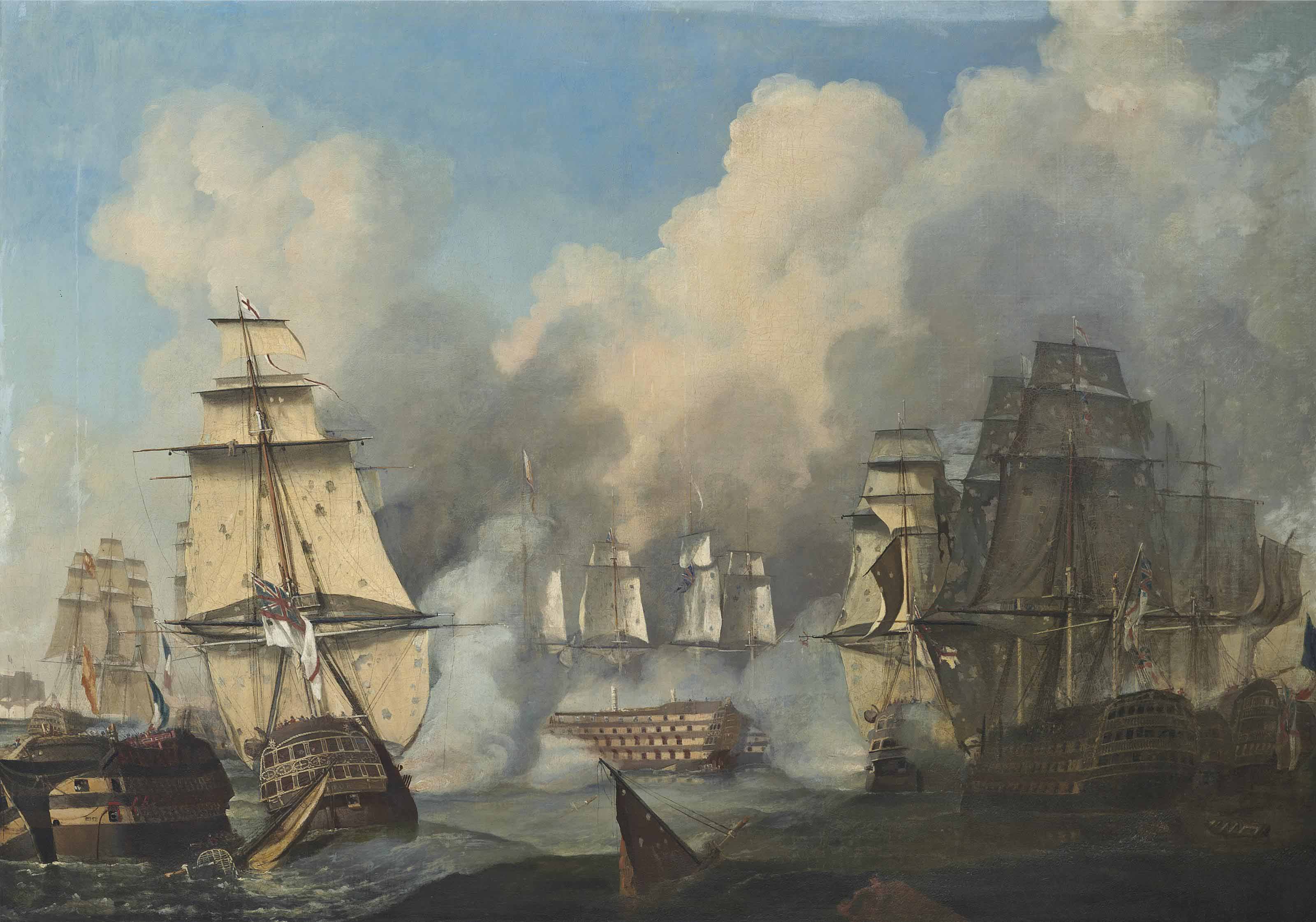 The battle of Trafalgar, and the victory of Lord Nelson over the combined French and Spanish Fleets, 21st October 1805: Admiral Villeneuve's flagship Bucentaure surrendering to H.M.S. Conqueror
