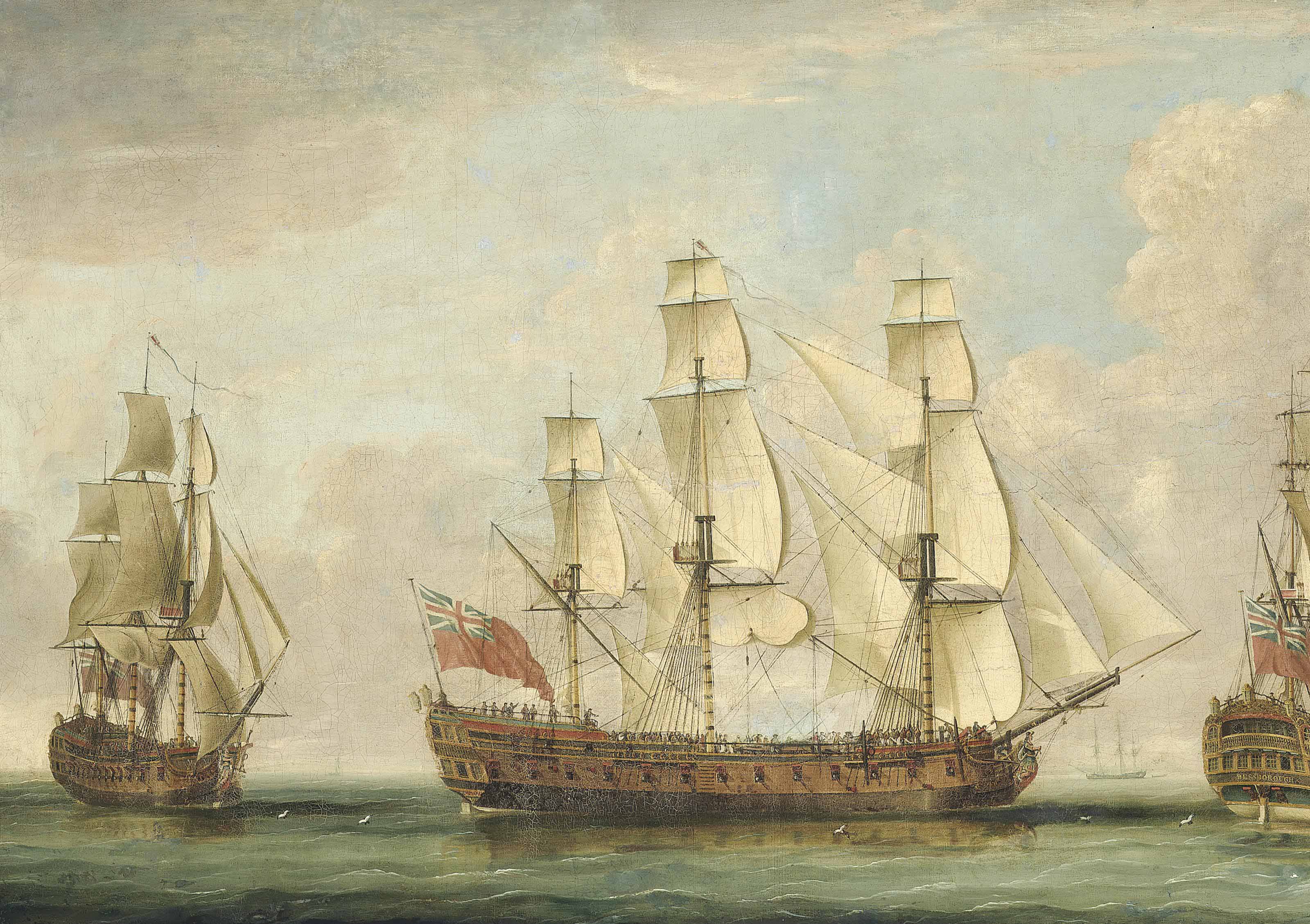 The Honourable [East India] Company's ship Bessborough in three positions in the Channel with her decks crowded with people
