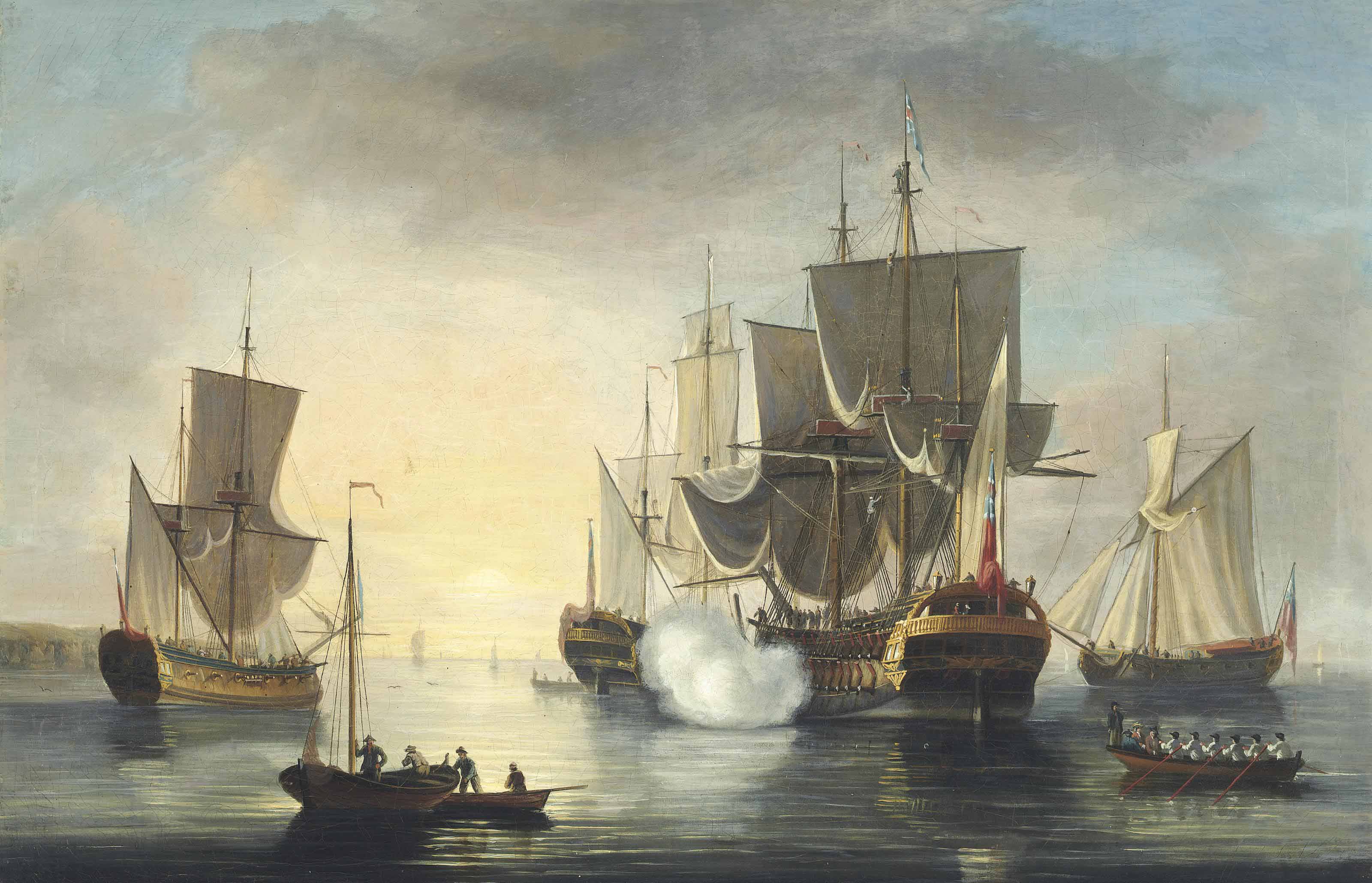A man-o'war announcing her arrival at the anchorage with two Admiralty yachts and another warship lying at anchor nearby
