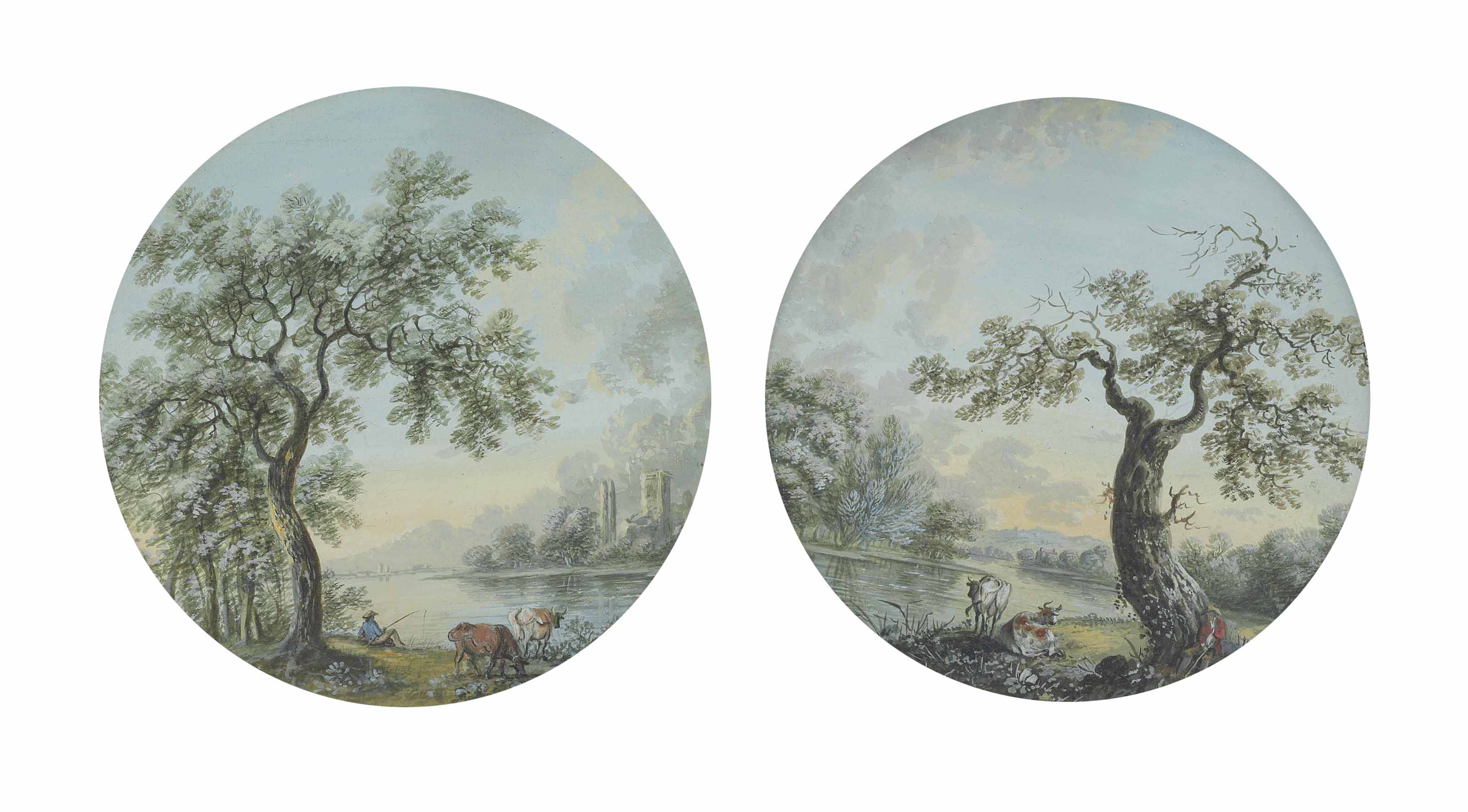 An angler on a river bank with cattle; and A man seated by a tree with cattle by a river
