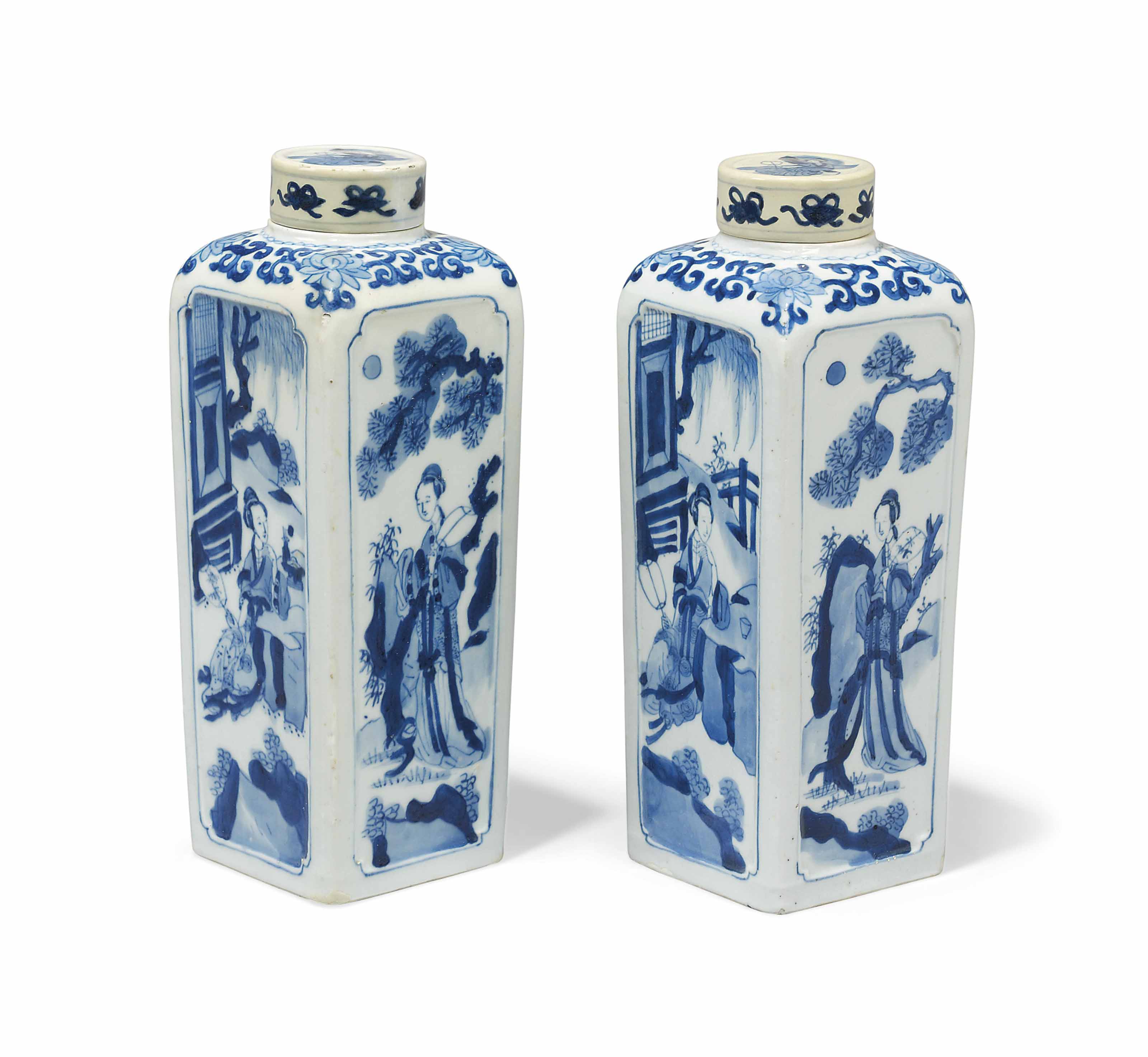 A Pair Of Chinese Blue And White Square Vases And Covers Kangxi