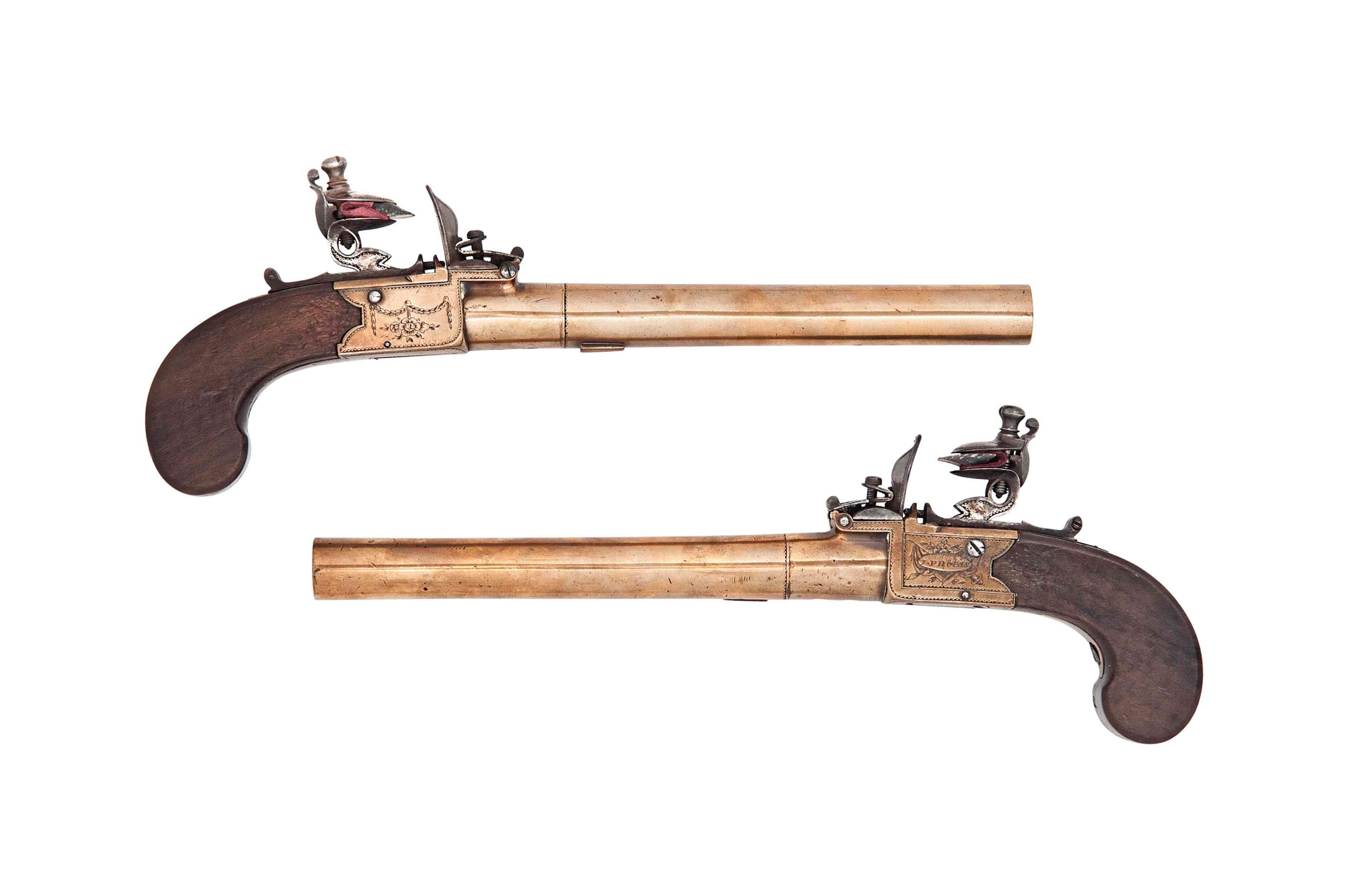 A LARGE PAIR OF BRASS FLINTLOCK BOXLOCK PISTOLS, BY J. PROBIN, LATE ...