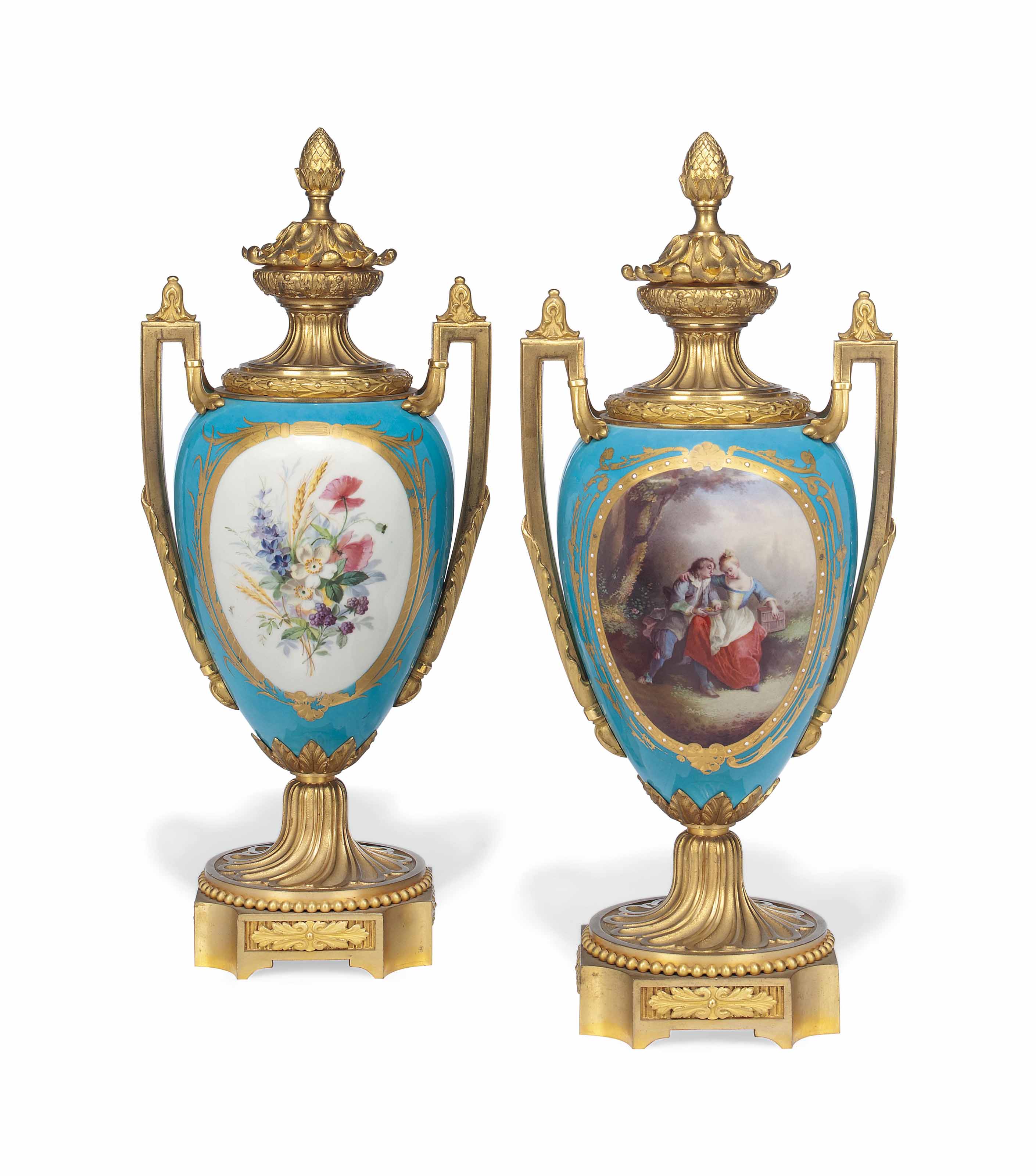 A PAIR OF SEVRES STYLE GILT METAL MOUNTED TURQUOISE GROUND VASES LATE 