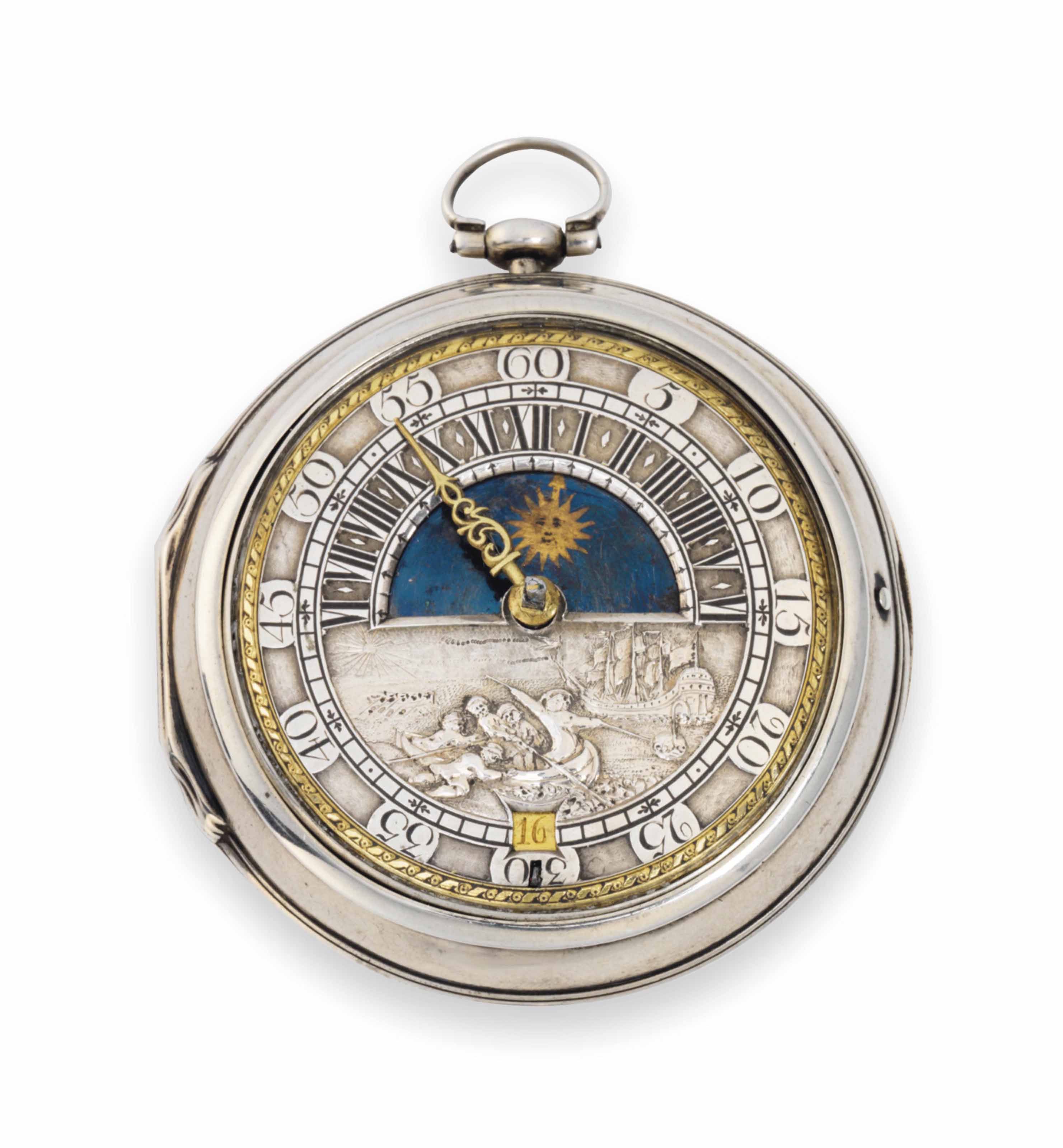 A DUTCH SILVER PAIRCASE VERGE POCKET WATCH WITH SUN AND MOON DIAL , THE