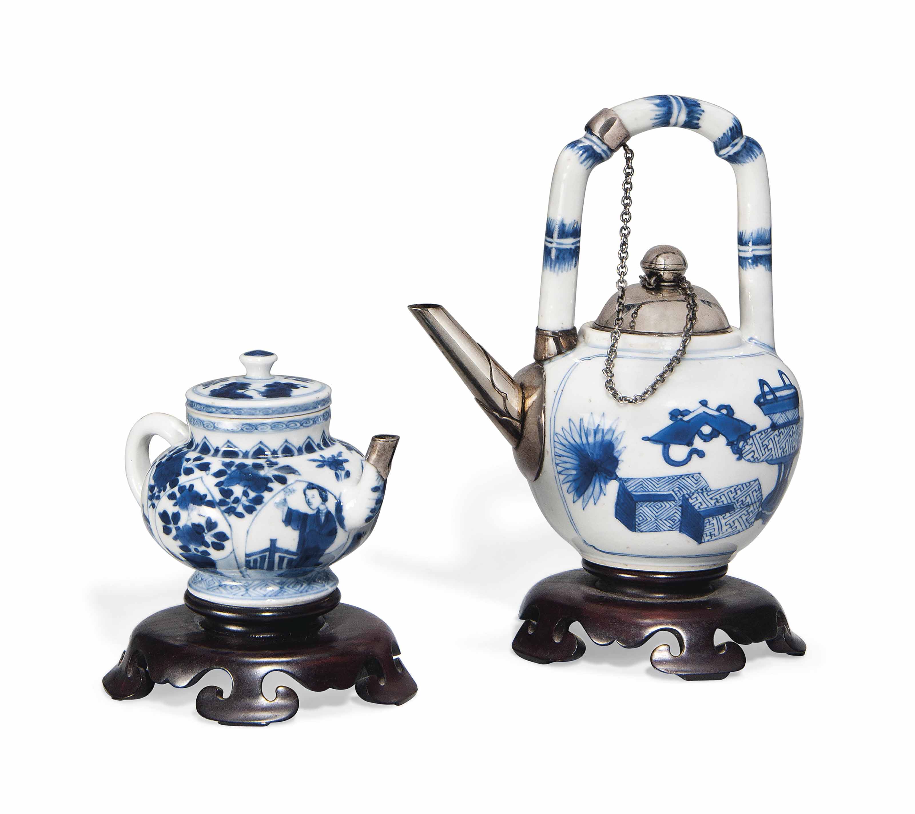 TWO CHINESE BLUE AND WHITE METALMOUNTED TEAPOTS AND COVERS , THE