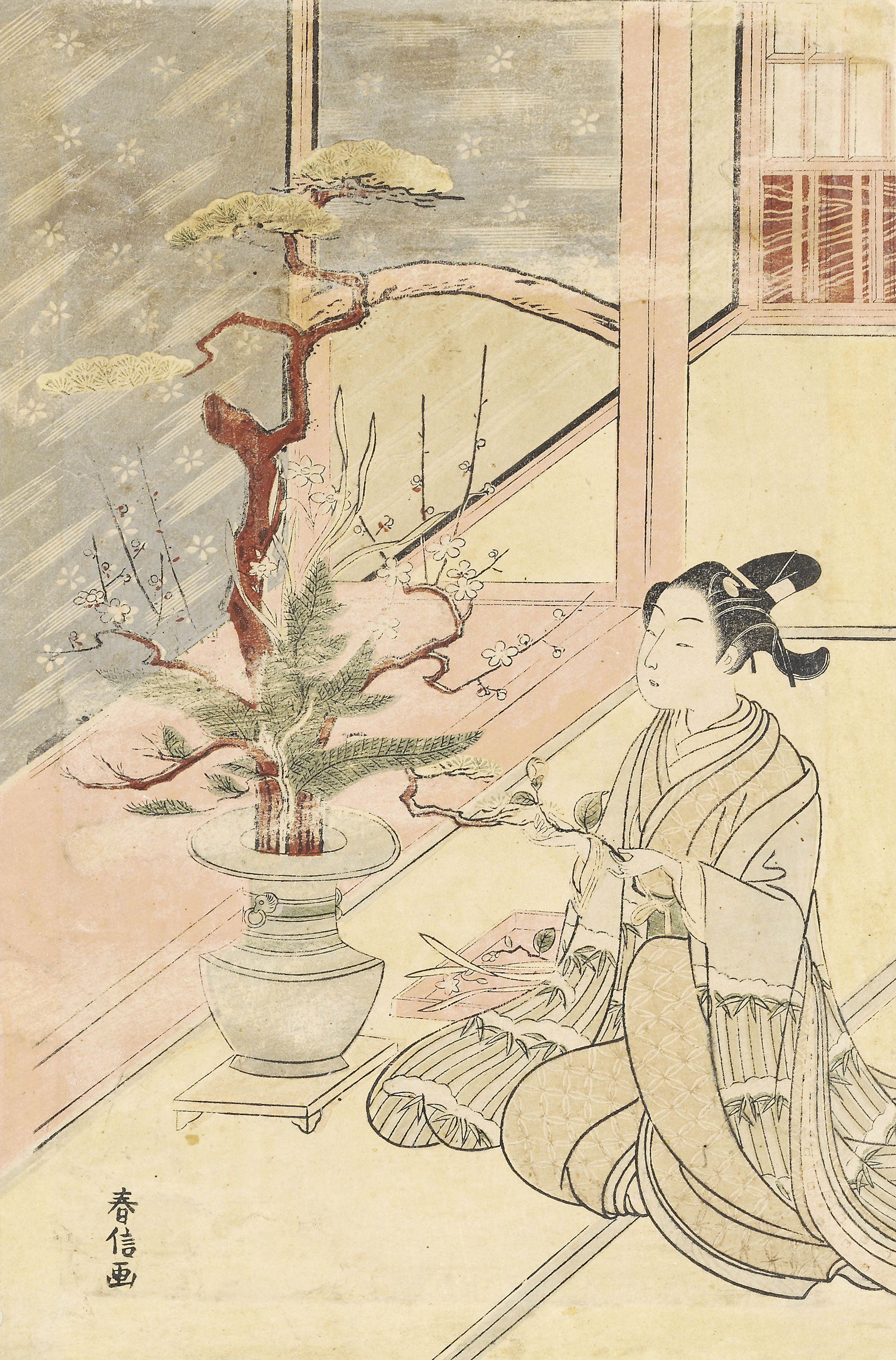 A woman practicing ikebana [flower arranging], Suzuki Harunobu