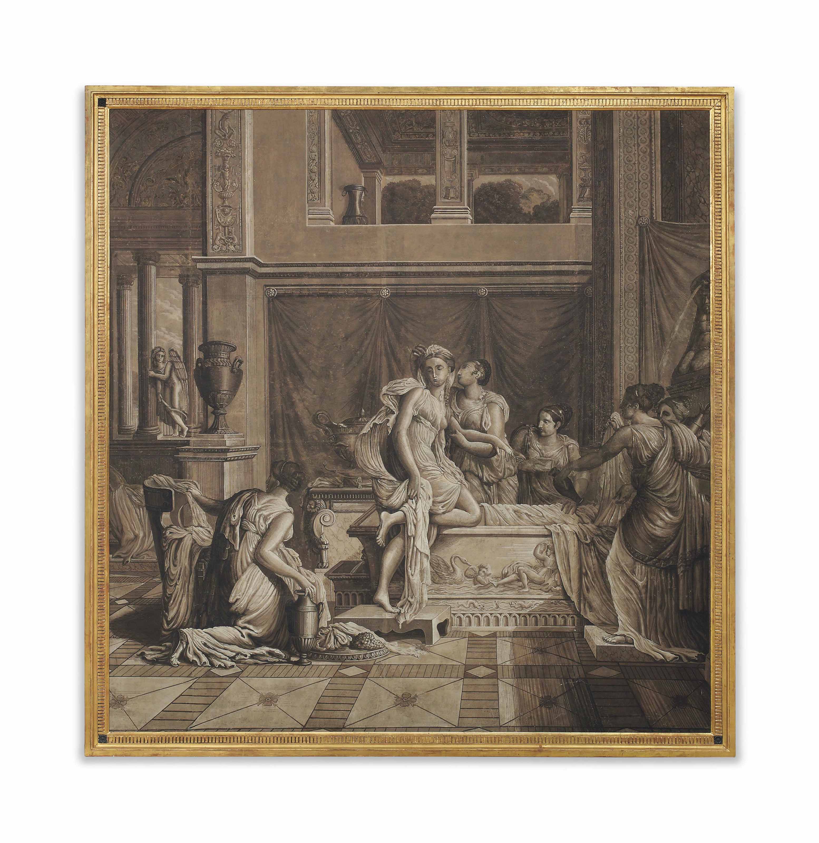 A French Neo Classical En Grisaille Wallpaper Panel Possibly By
