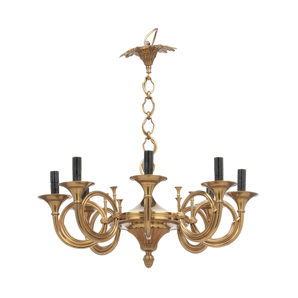 A PAIR OF FRENCH BRONZE NOVELTY CHANDELIERS MODELLED AS FRENCH HORNS