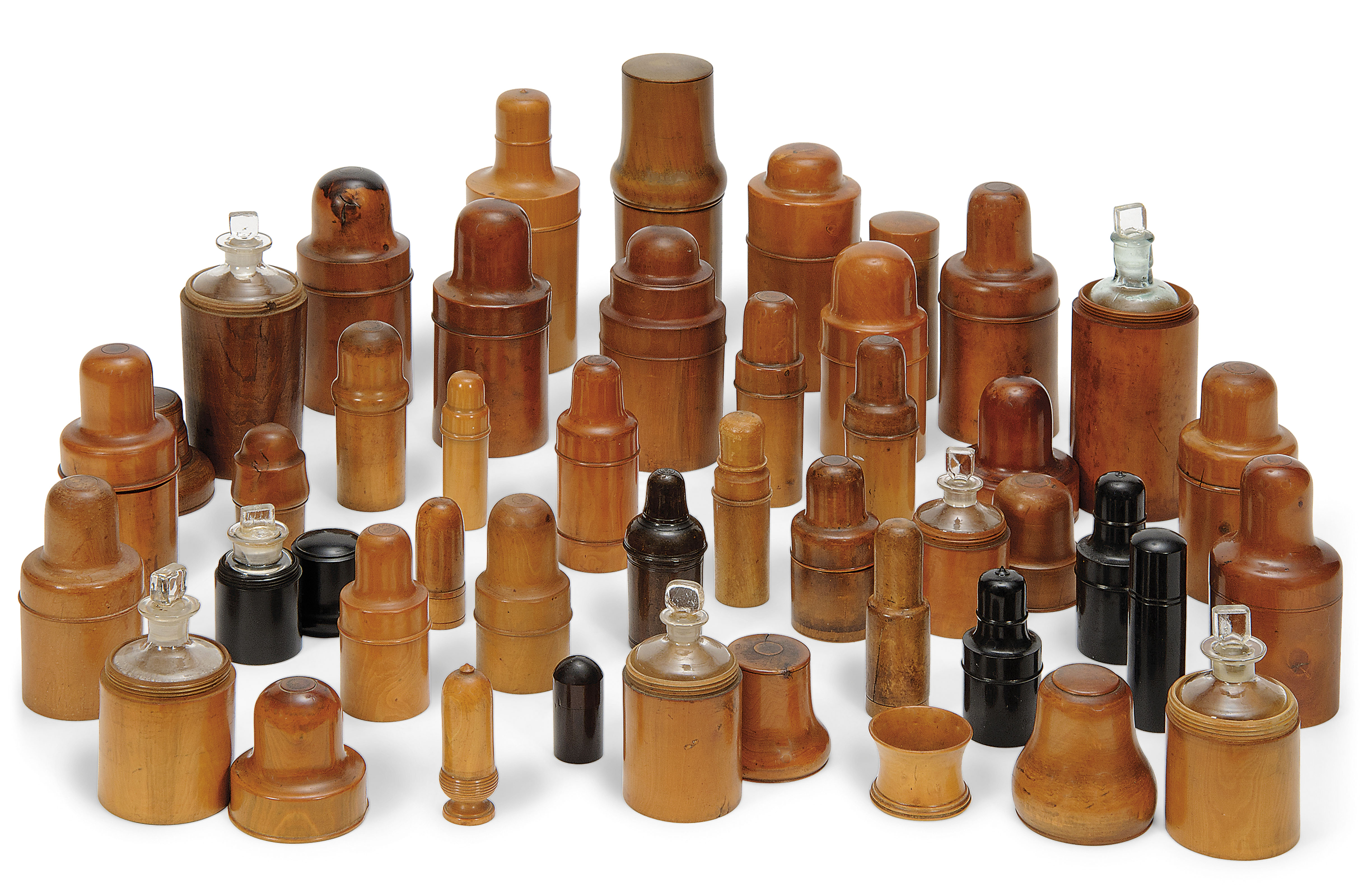 A COLLECTION OF THIRTY-EIGHT TREEN APOTHECARY JAR CASES, 19TH CENTURY ...