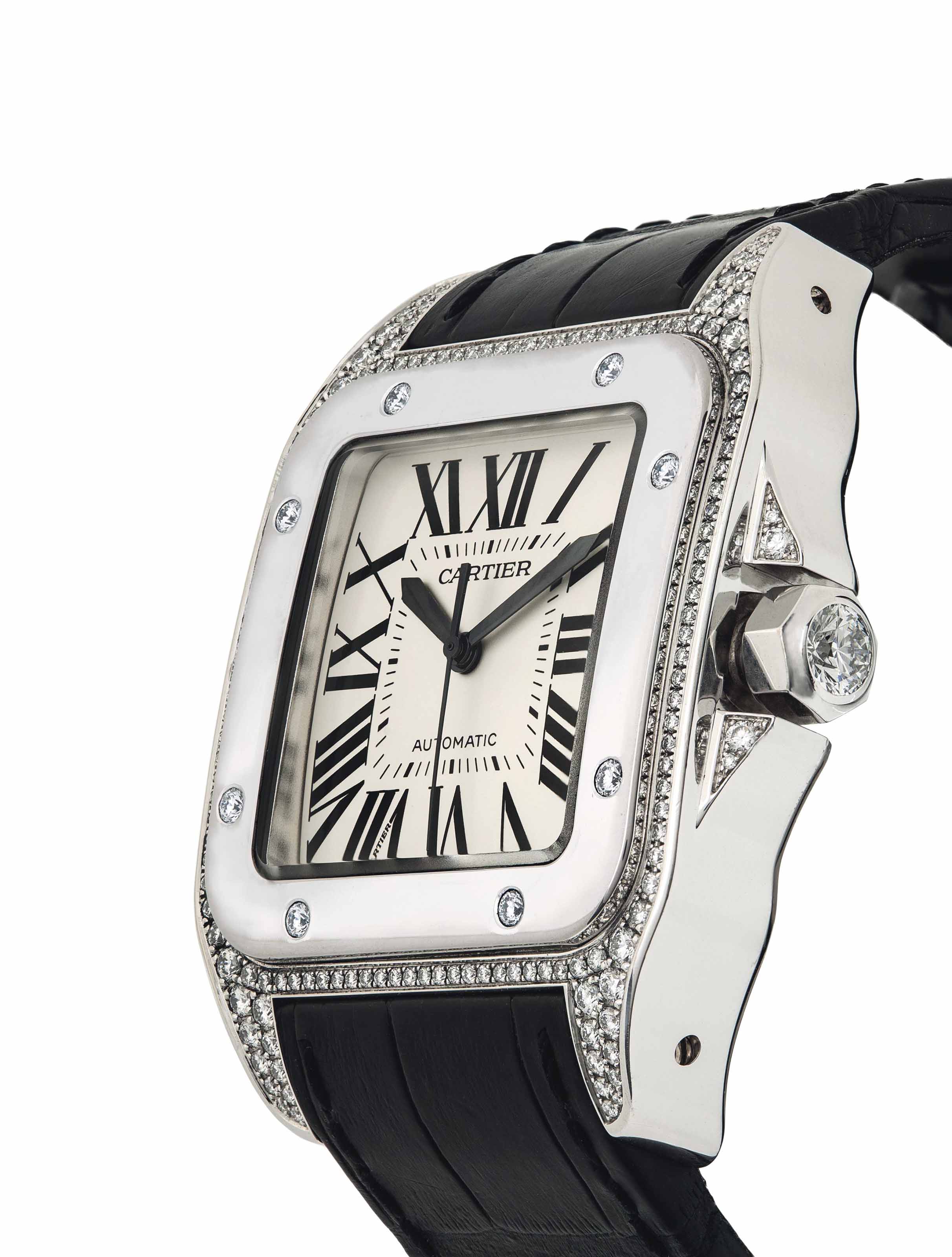 CARTIER. AN IMPRESSIVE 18K WHITE GOLD AND DIAMONDSET AUTOMATIC SQUARE