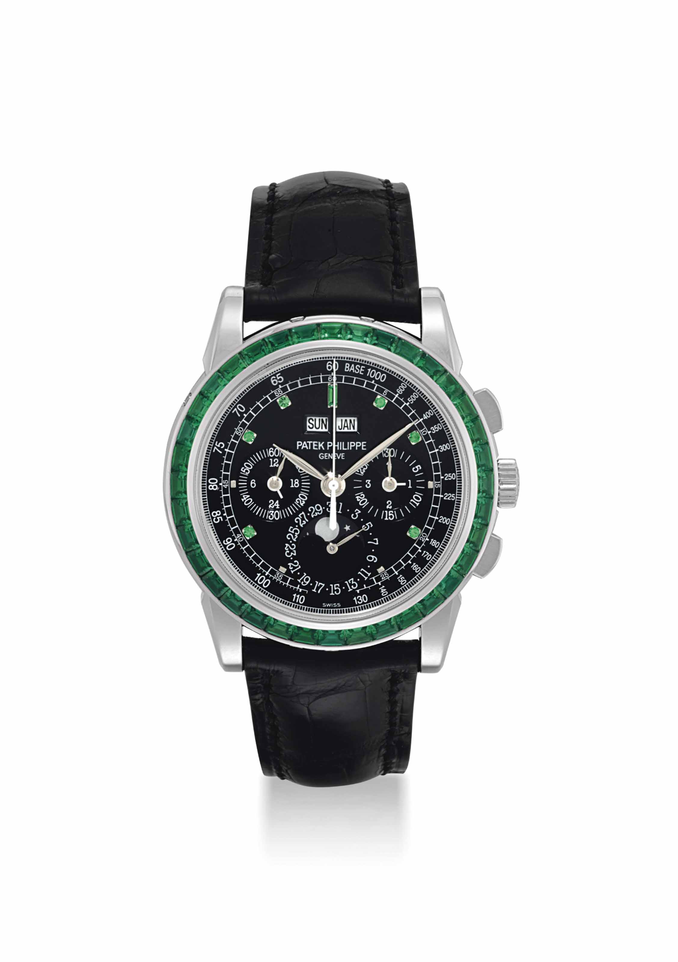 Patek Philippe An Impressive And Exceptionally Rare Platinum And Emerald Set Perpetual Calendar Chronograph Wristwatch With
