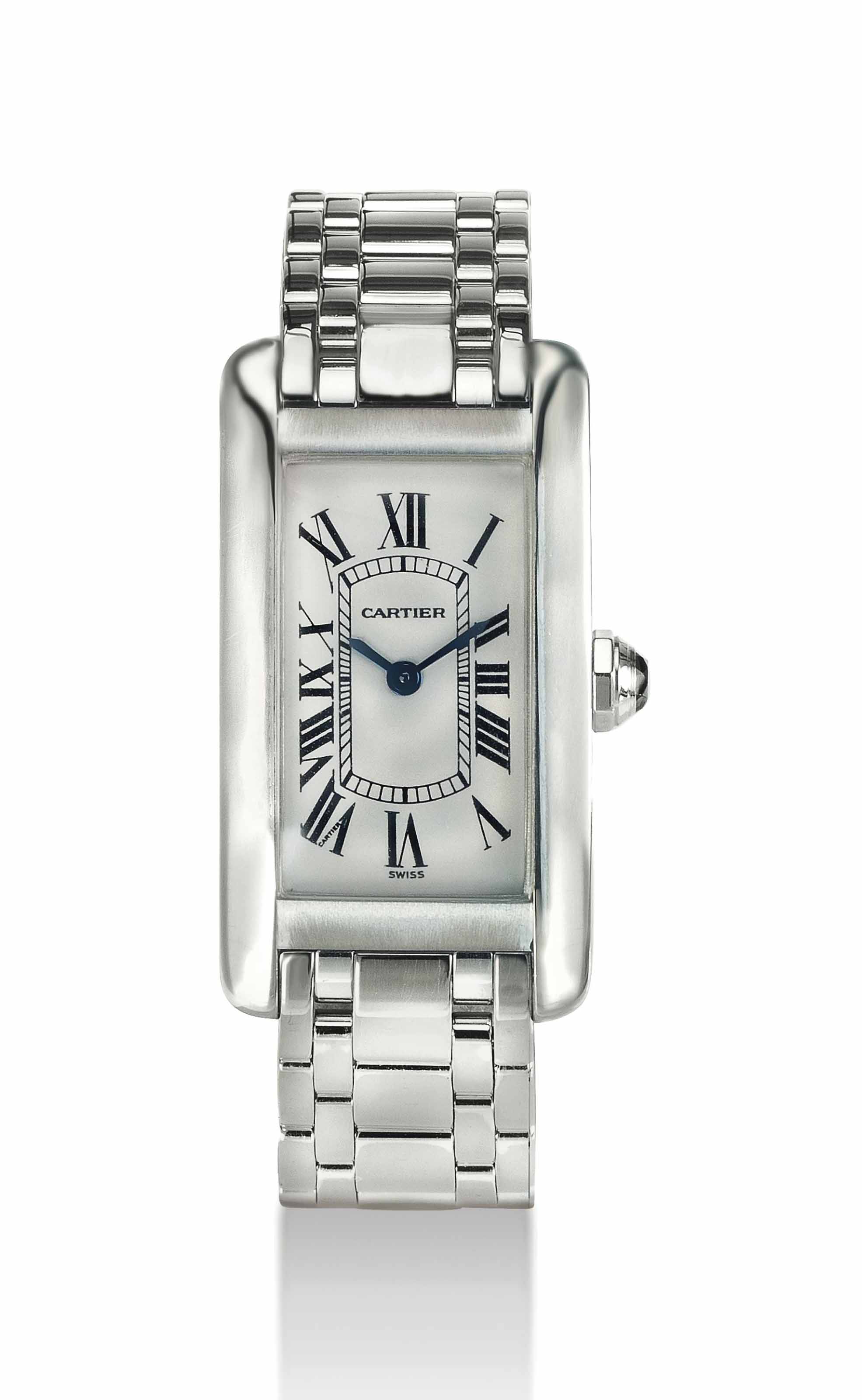 CARTIER. A LADY'S 18K WHITE GOLD RECTANGULAR WRISTWATCH WITH BRACELET