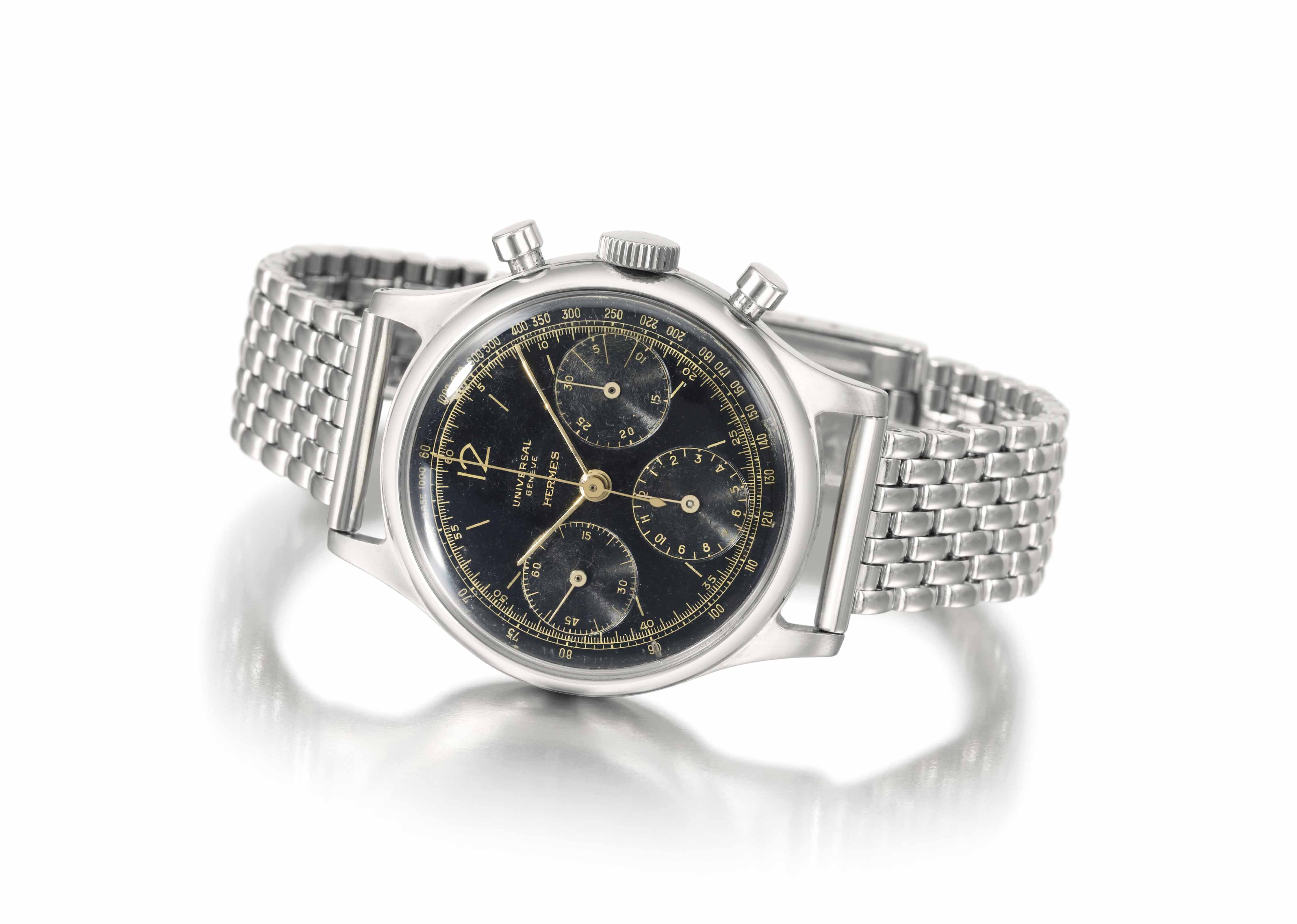 Universal. A rare and attractive stainless steel chronograph wristwatch