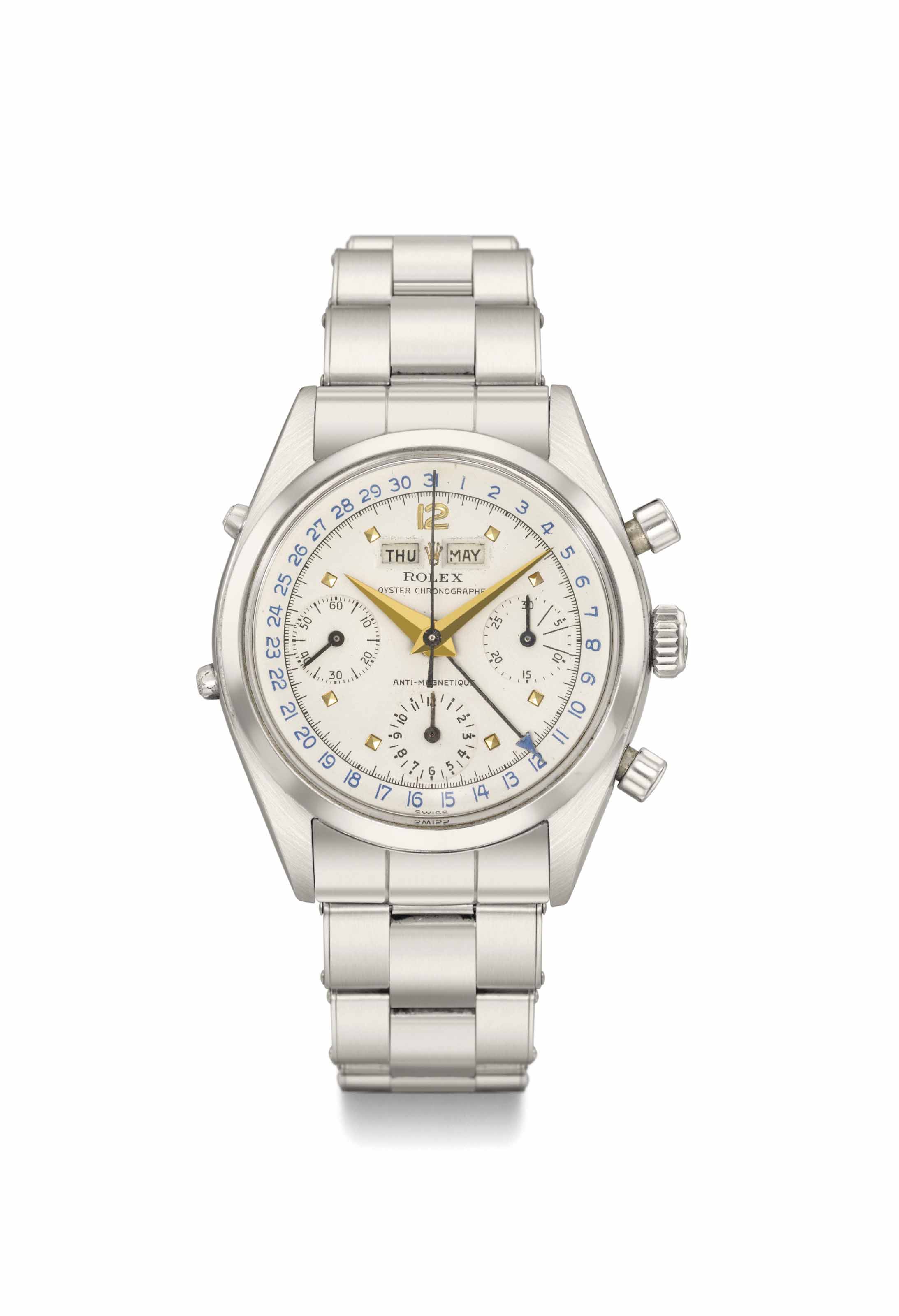 Rolex. A fine, rare and attractive stainless steel triple calendar
