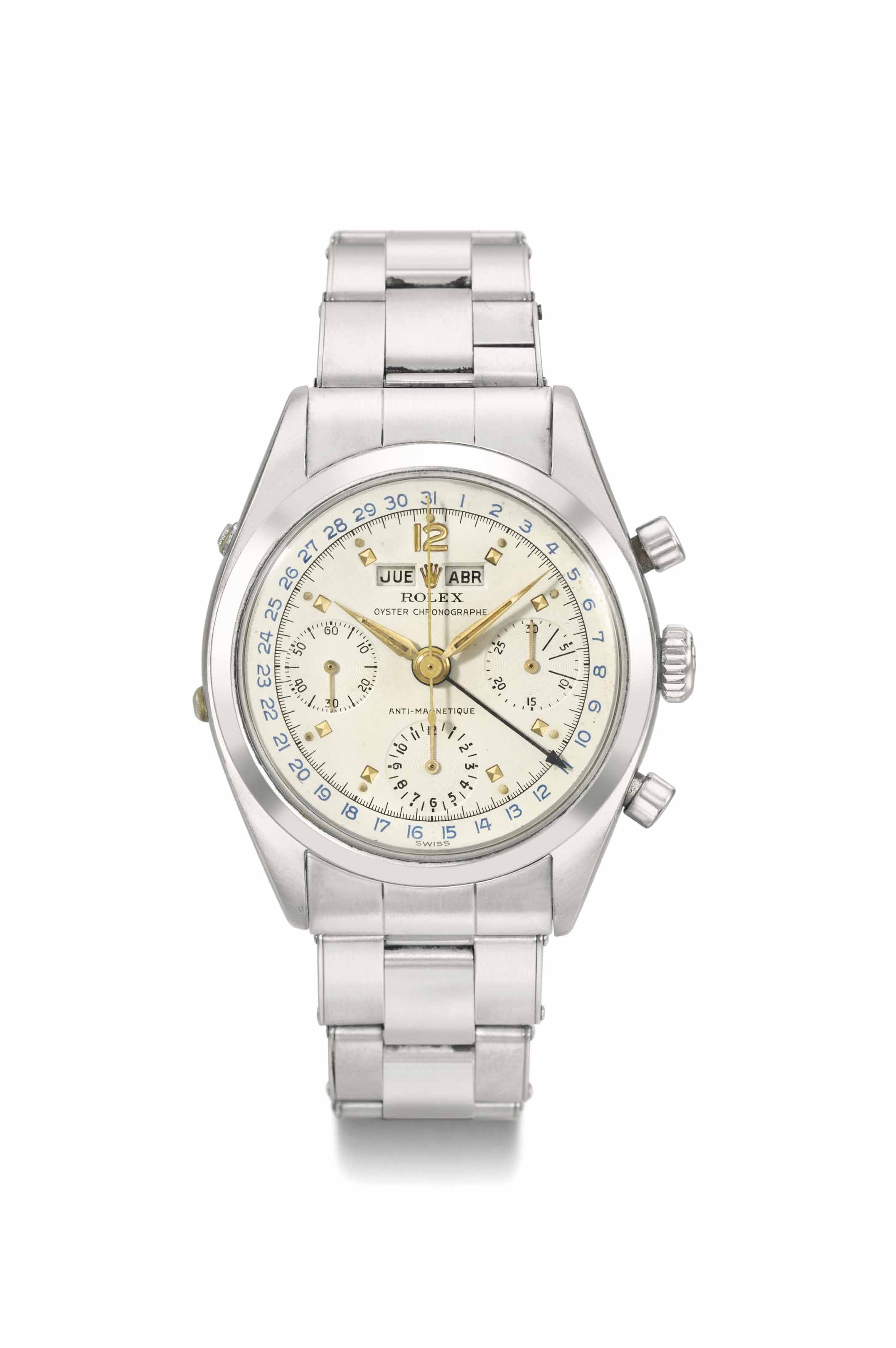 Rolex. A fine, rare and attractive stainless steel triple calendar