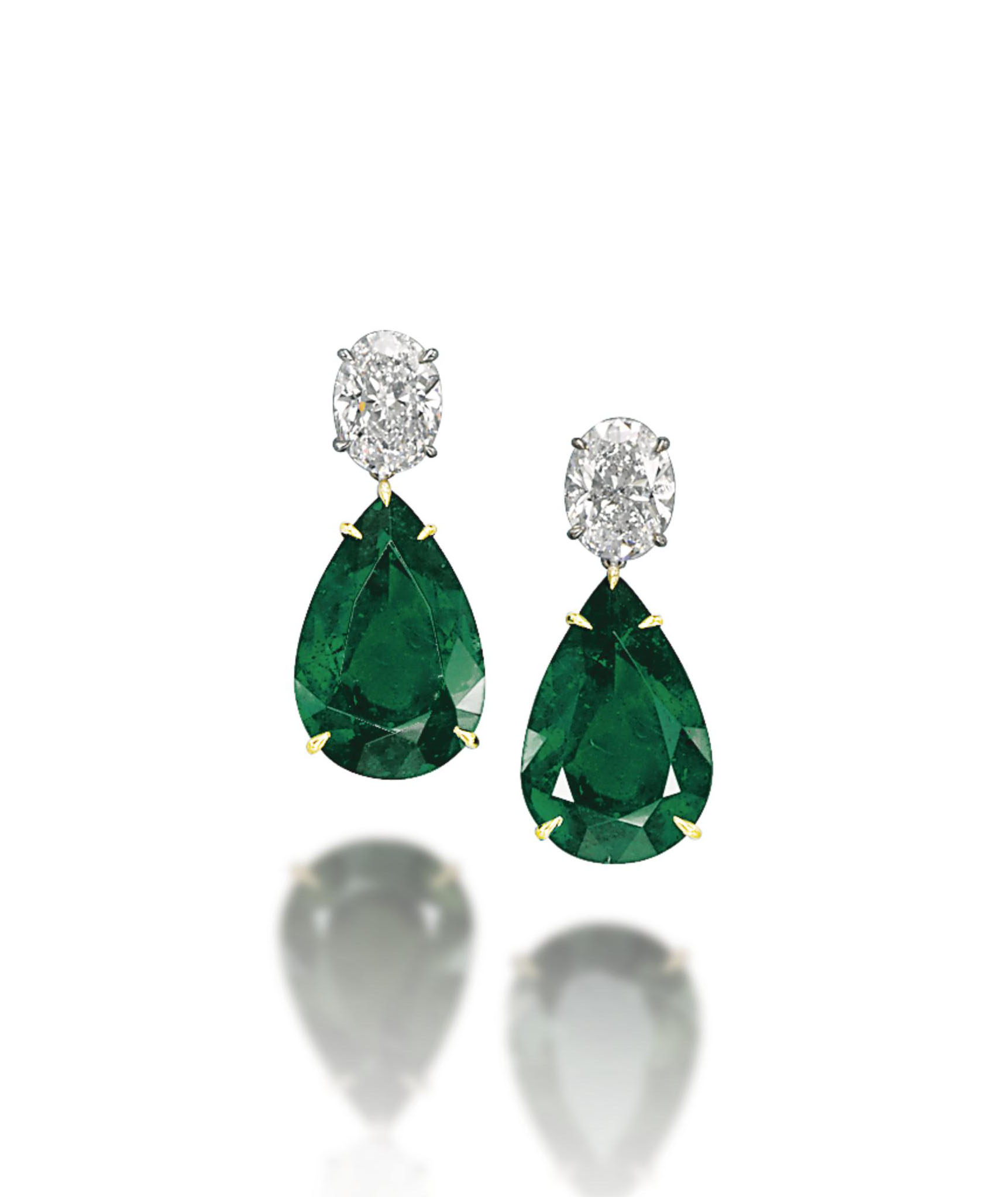 A PAIR OF EMERALD AND DIAMOND EAR PENDANTS, BY CHATILA