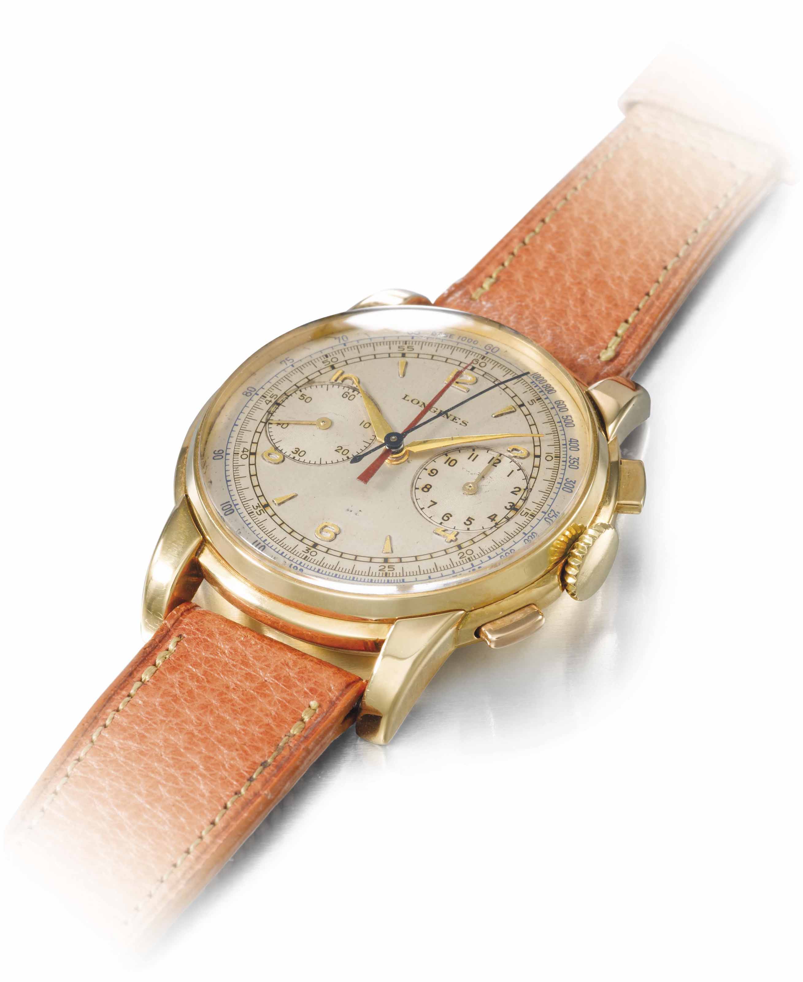 Longines 5161. Angled dial and case view; 18K gold alloy colour left unassigned. · Photo: Christie's · © Christie's, used with permission · Source: https://www.christies.com/en/lot/lot-5841755