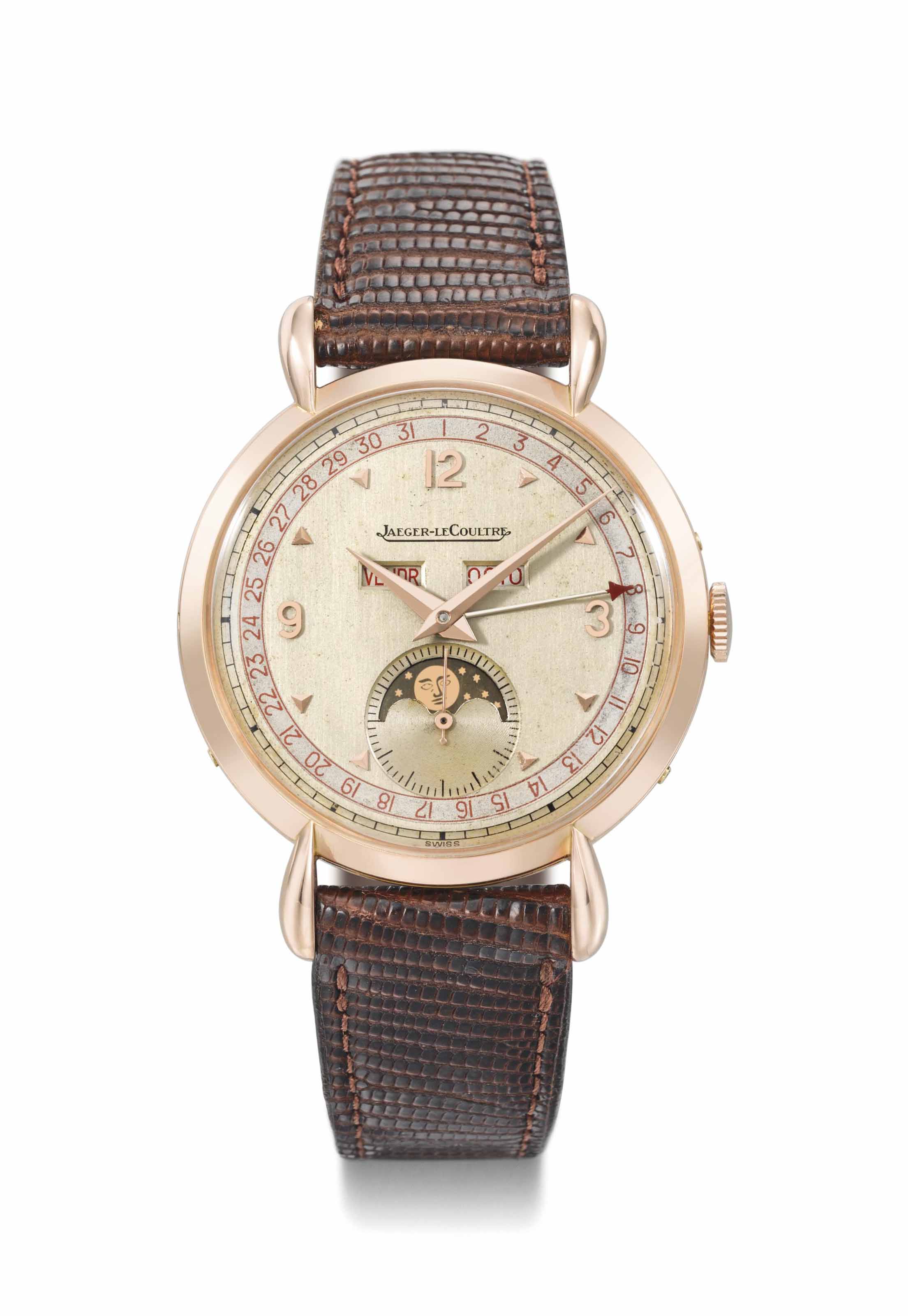 Jaeger LeCoultre. An 18K pink gold triple calendar wristwatch with