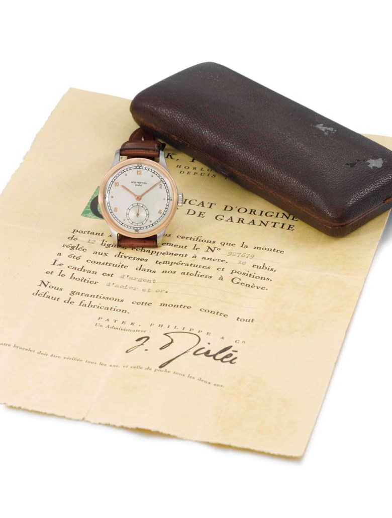 Patek Philippe. A large stainless-steel and pink-gold wristwatch. Calatrava model first series, Reference no. 570, movement no. 927’679, case no. 637’759, 1945. Sold for CHF 173,000 on 9 November 2014 at Christie’s in Geneva