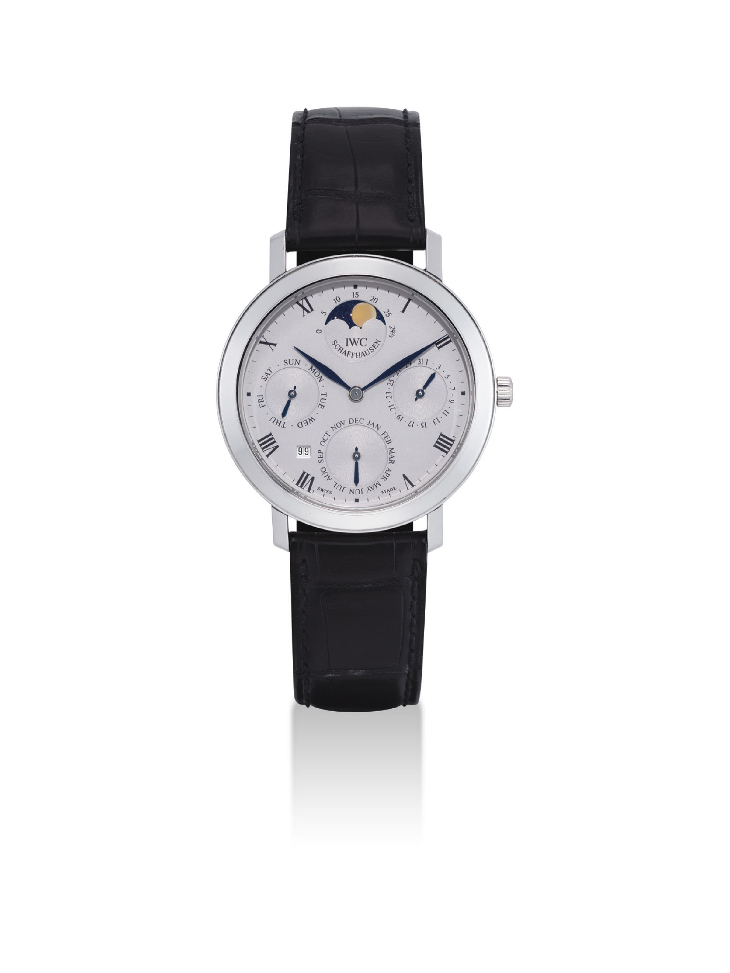 IWC A FINE RARE AND SLIM PLATINUM PERPETUAL CALENDAR WRISTWATCH WITH