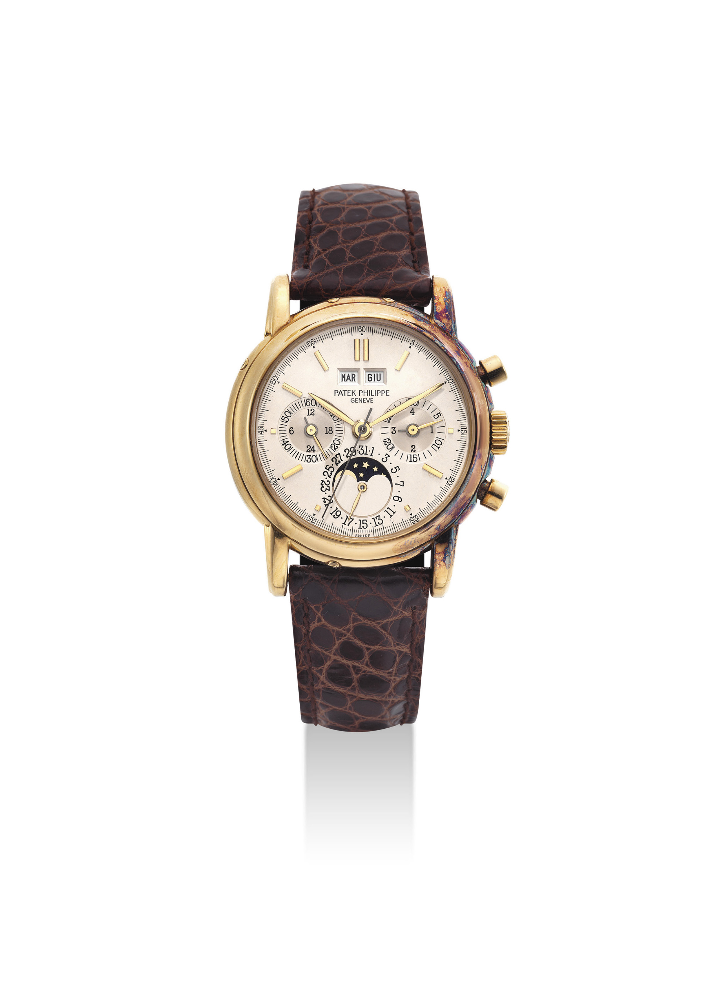 Patek Philippe A Very Fine And Rare 18k Gold Perpetual Calendar Chrongraph Wristwatch With Moon Phases