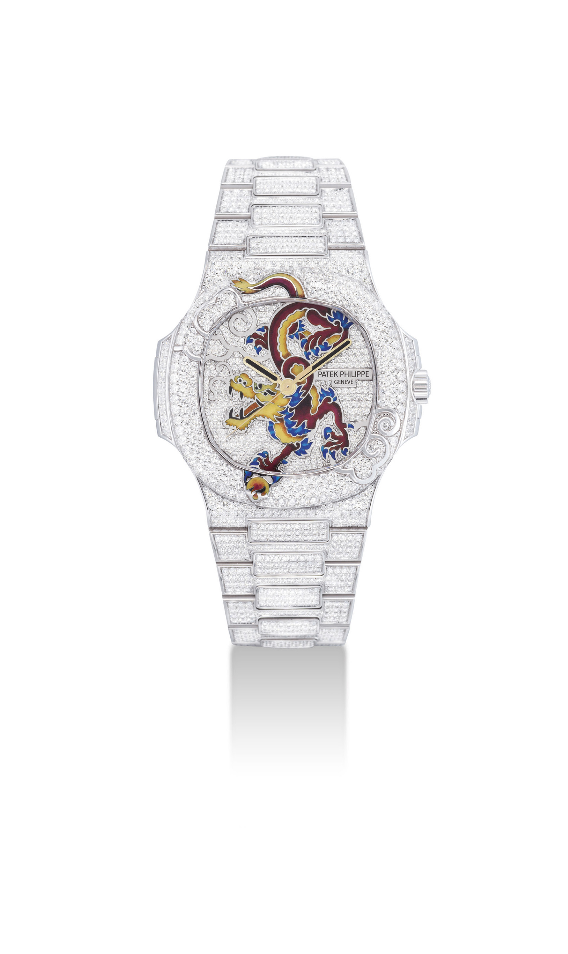 Patek Philippe A Magnificent And Very Rare 18k White Gold Enamel And Diamond Set Wristwatch With Bracelet Original Certificate And Box Signed Patek Philippe Geneve Nautilus Model Ref 5720 Movement No 5 601 062