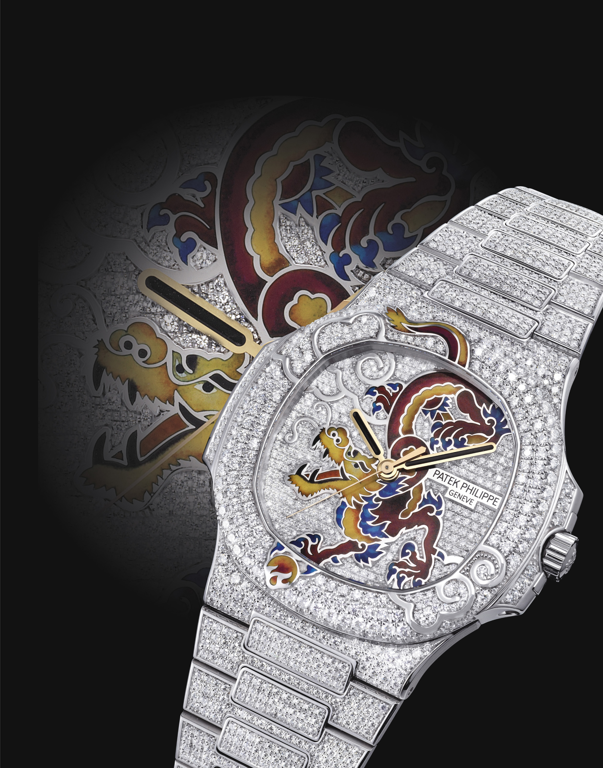 PATEK PHILIPPE. A MAGNIFICENT AND VERY RARE 18K WHITE GOLD ENAMEL