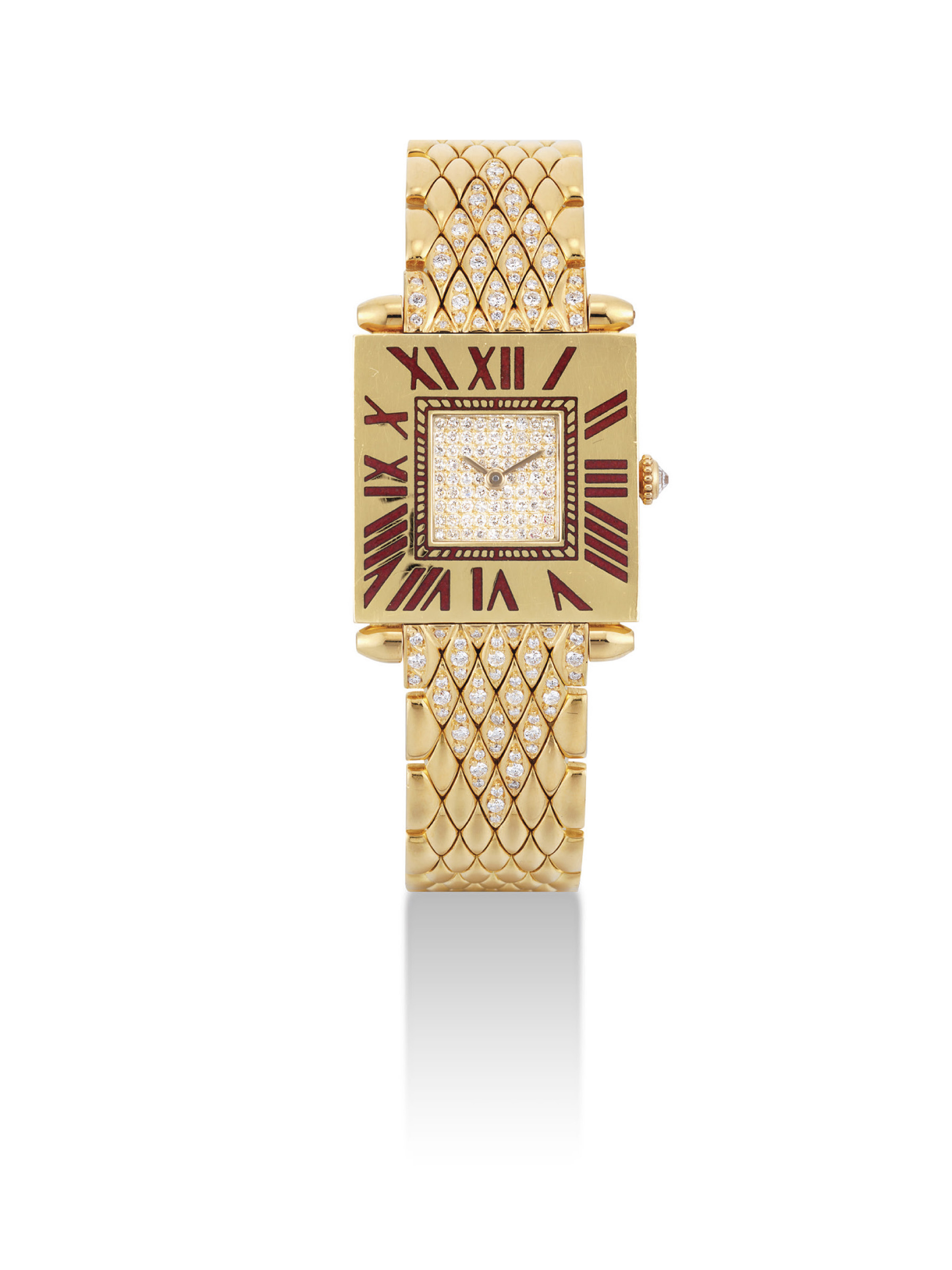 CARTIER. A RARE 18K GOLD AND DIAMONDSET SQUARE BRACELET WATCH WITH