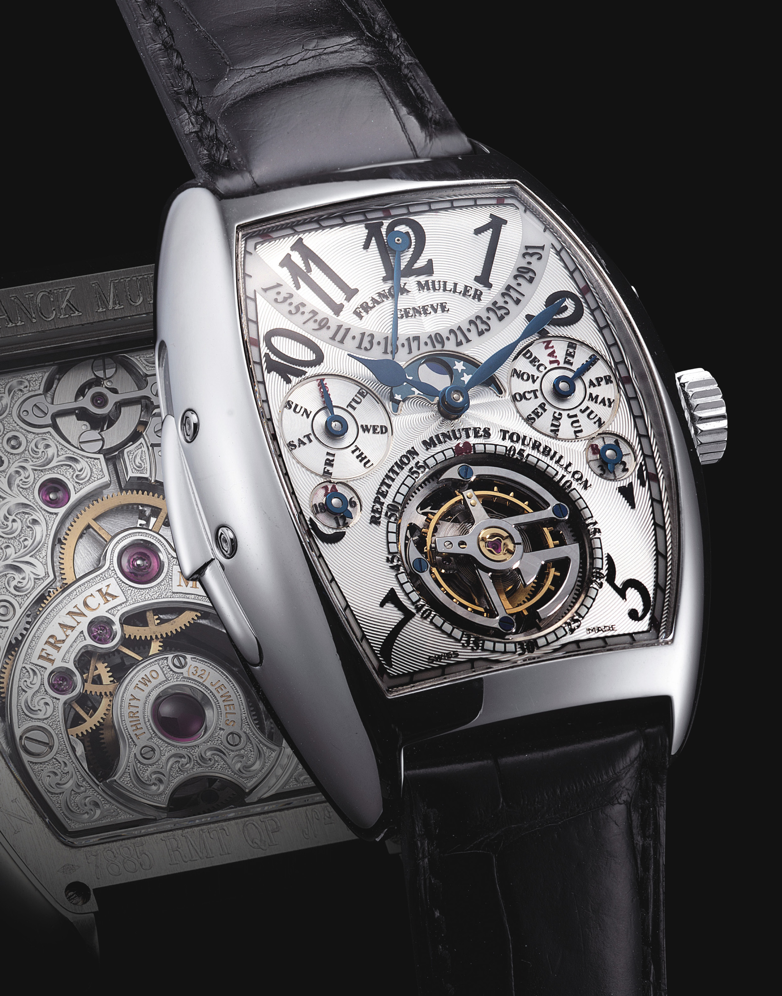 FRANCK MULLER. A VERY FINE AND RARE PLATINUM TONNEAUSHAPED MINUTE