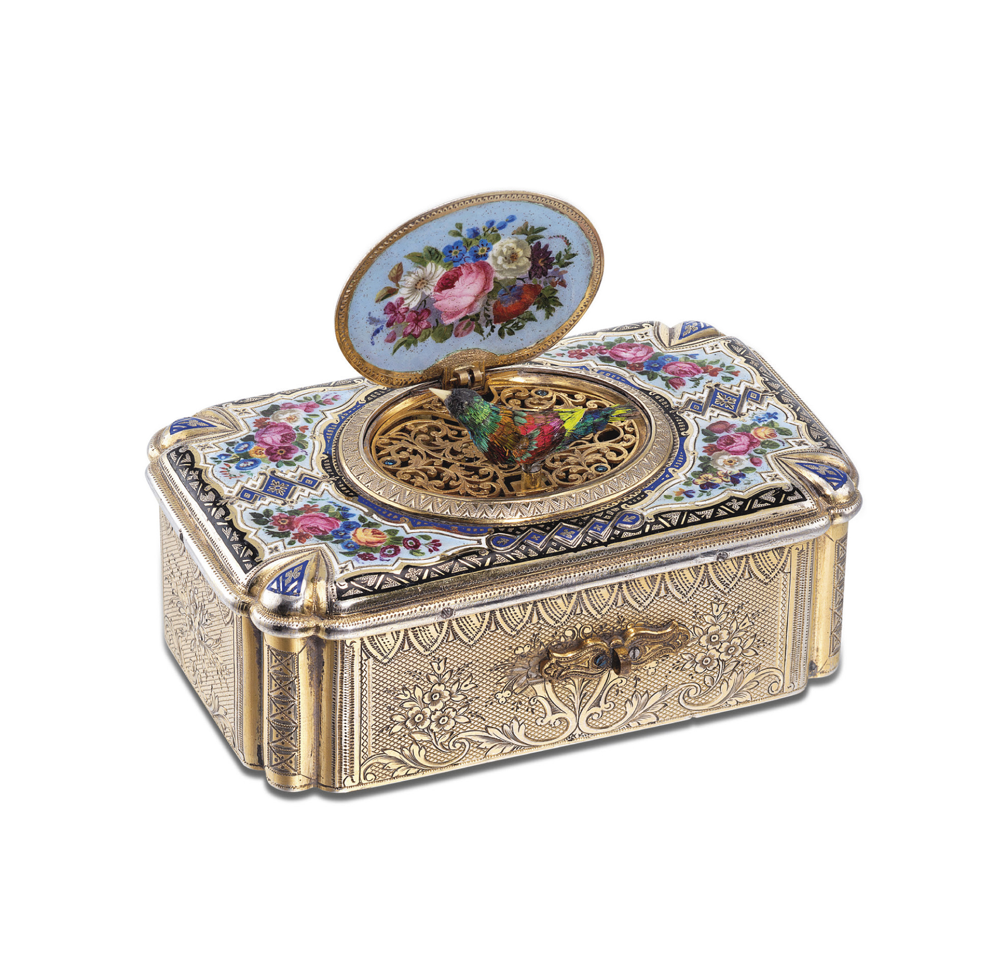 SWISS. A FINE AND RARE SILVER GILT AND ENAMEL SINGING BIRD BOX
