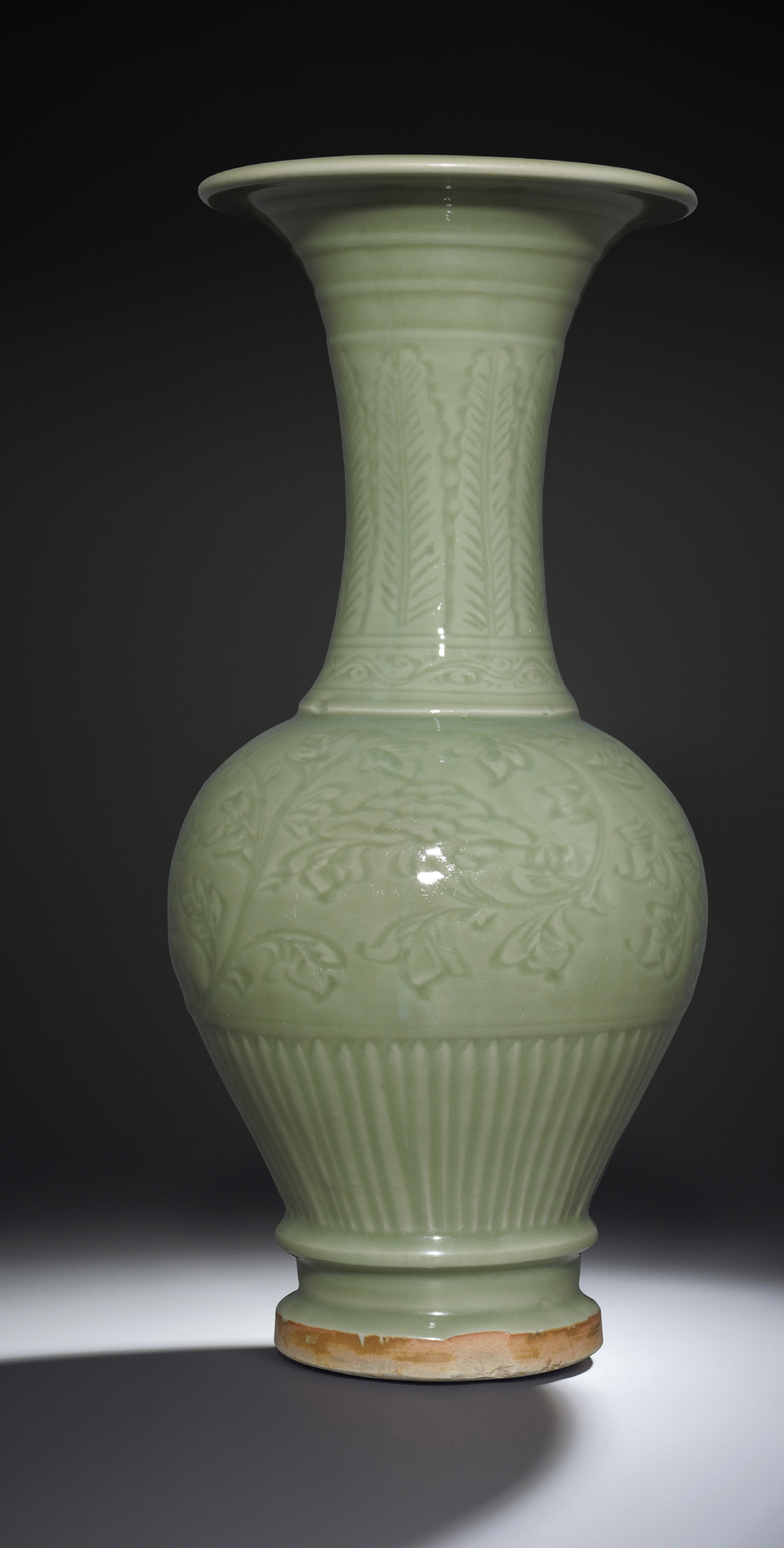 A CARVED LONGQUAN CELADON TEMPLE VASE , MING DYNASTY, 14TH/15TH CENTURY