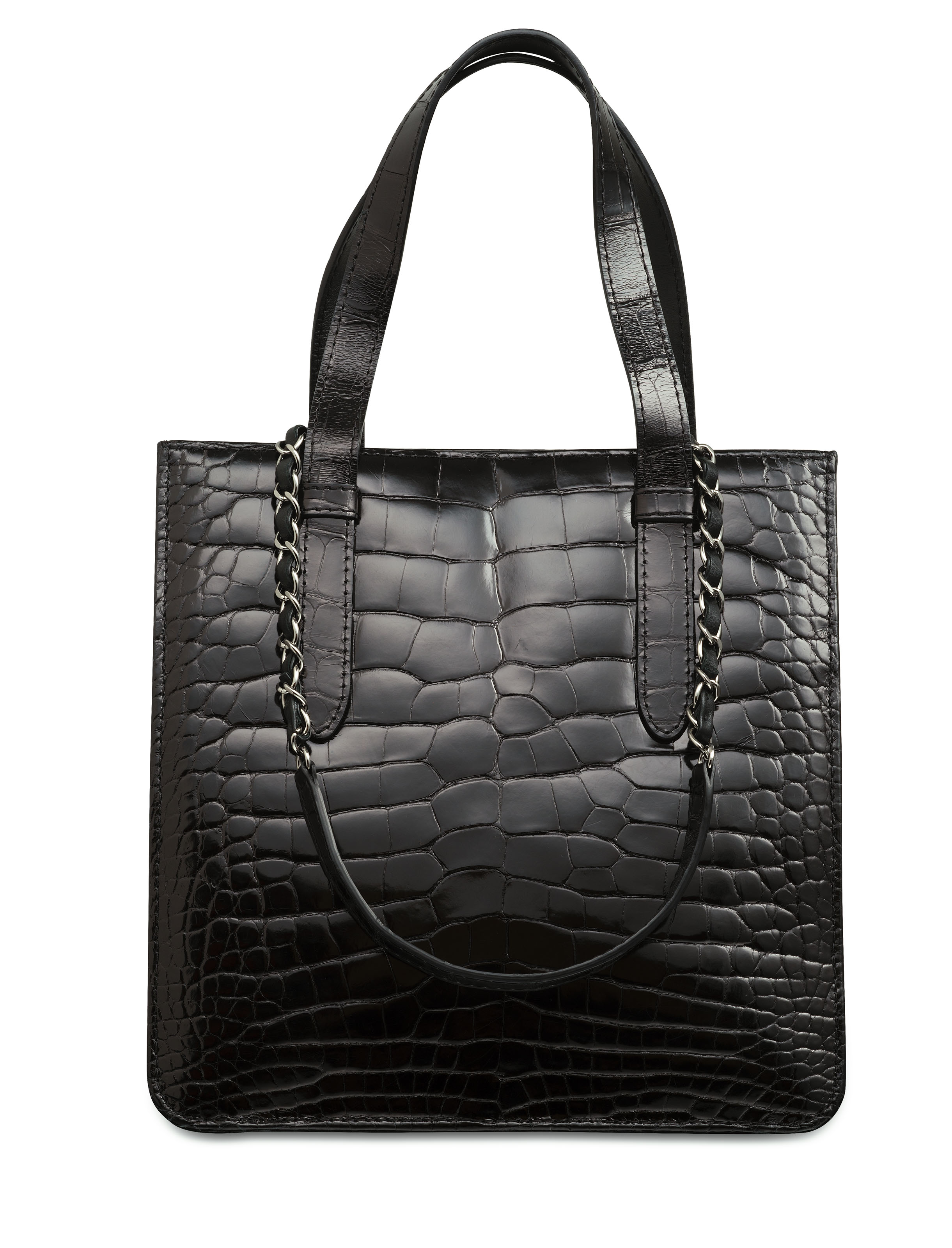 A SHINY BLACK ALLIGATOR TOTE BAG WITH SILVER HARDWARE & CHAIN STRAP