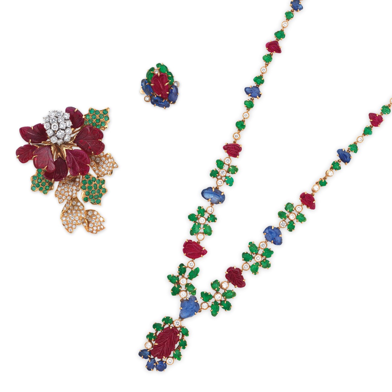 A SUITE OF RUBY, EMERALD, SAPPHIRE AND DIAMOND JEWELLERY