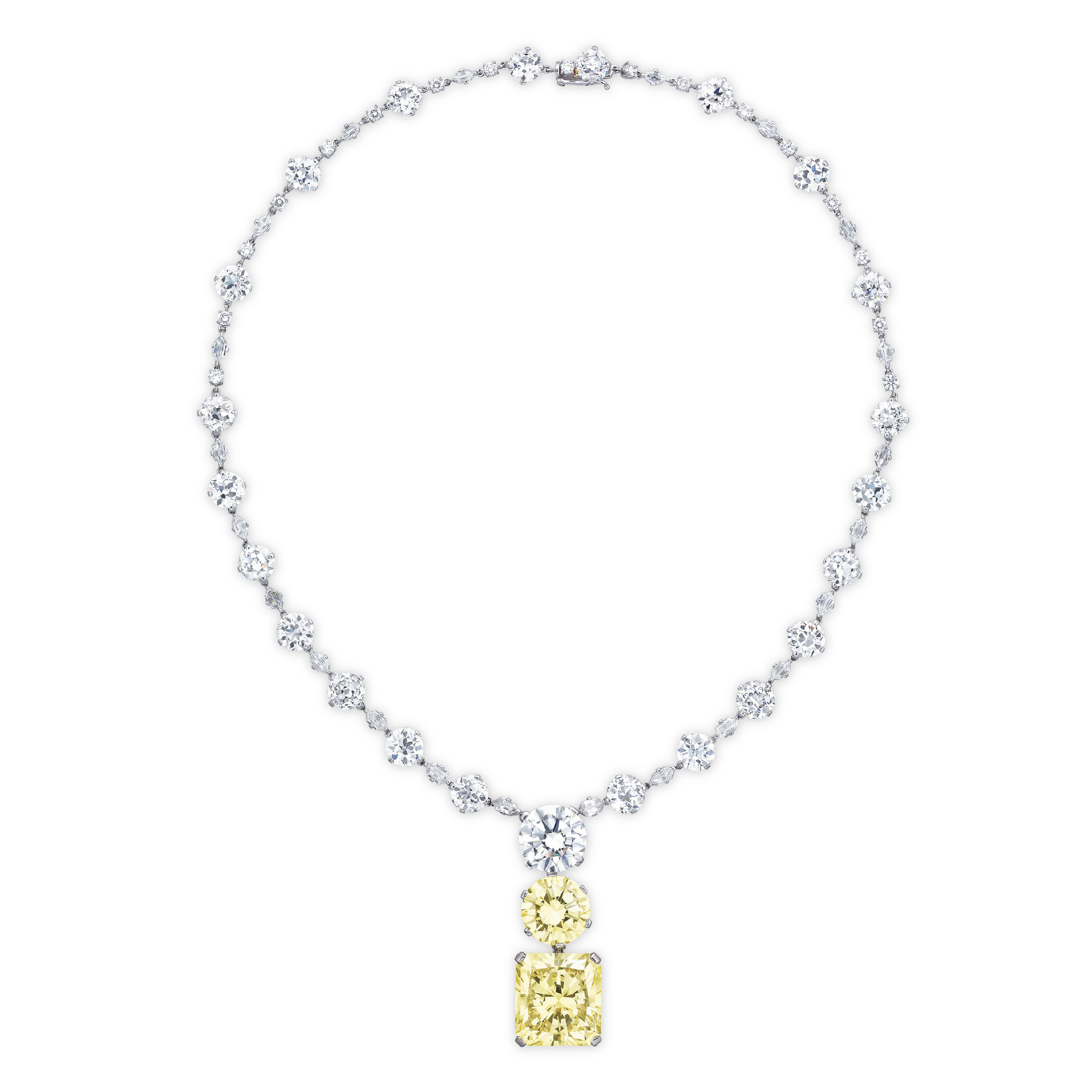 A SUPERB COLOURED DIAMOND AND DIAMOND PENDANT NECKLACE, BY JAHAN