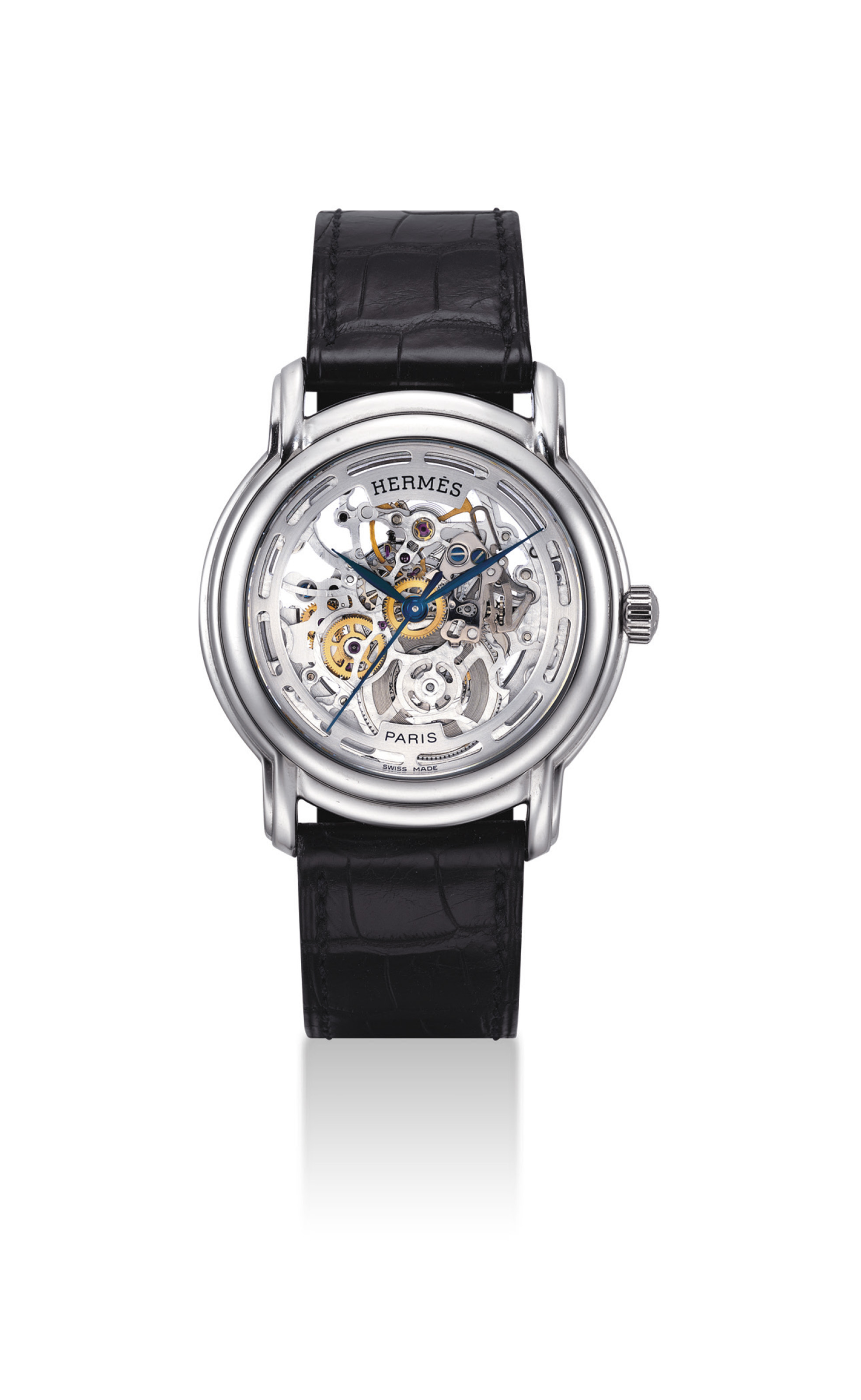 HERMÈS. AN 18K WHITE GOLD AUTOMATIC SKELETONISED WRISTWATCH
