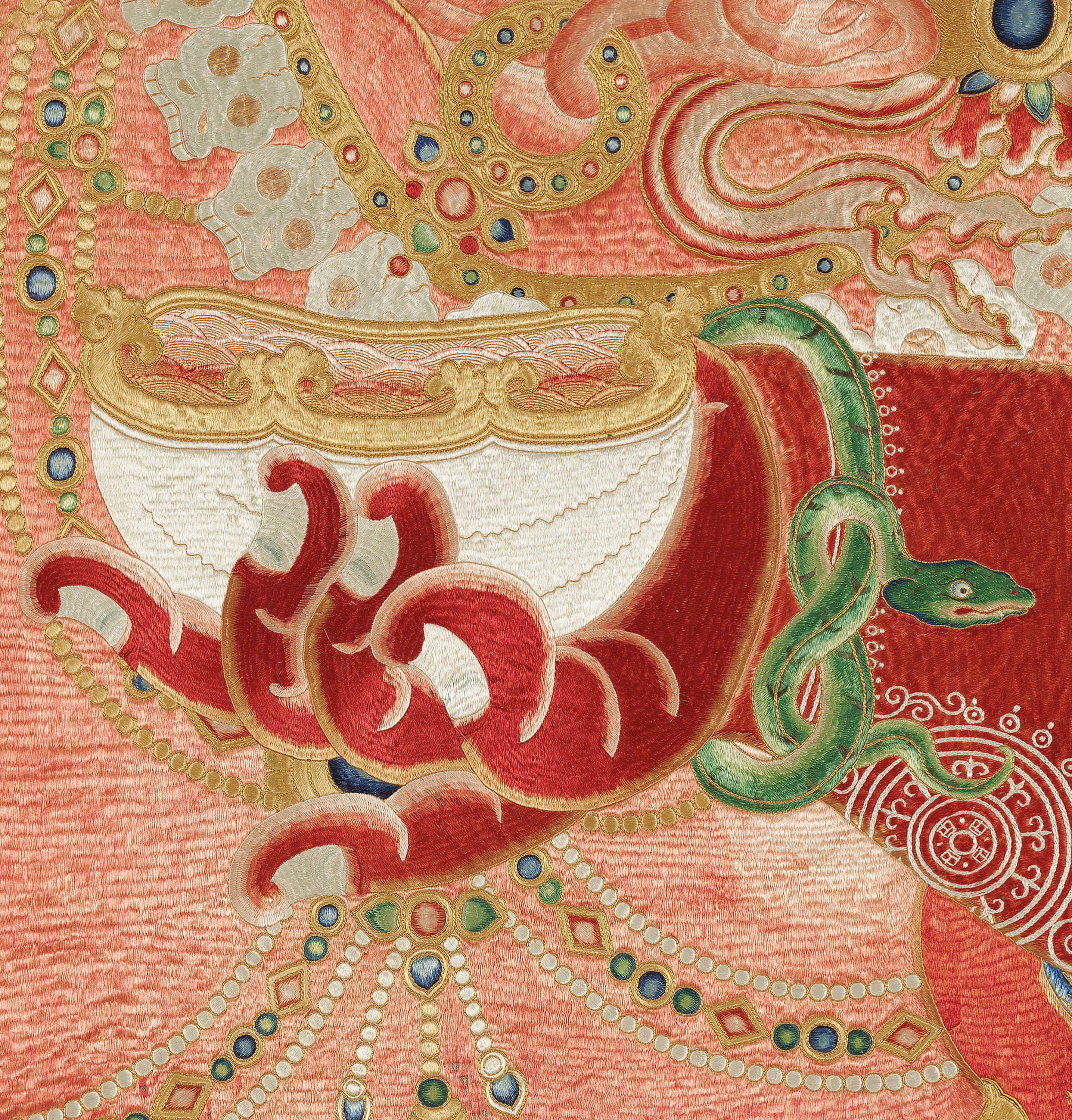 明永乐御制红阎摩敌刺绣唐卡, 「大明永乐年施」单行六字楷书款132 x 84吋（335.3 x 213.4公分) | Christie's