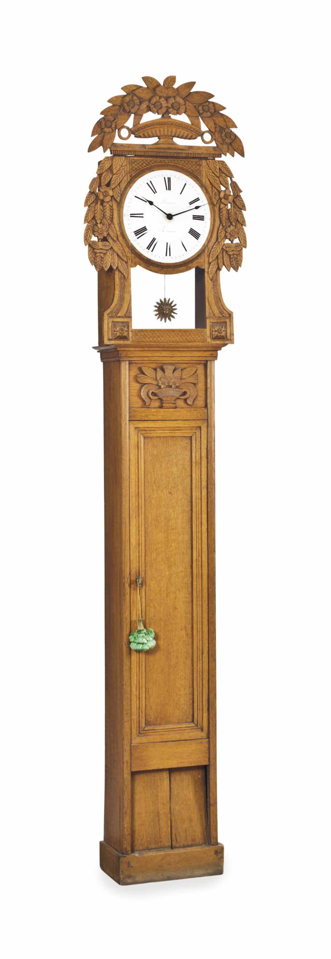 A FRENCH PROVINCIAL OAK TALLCASE CLOCK,