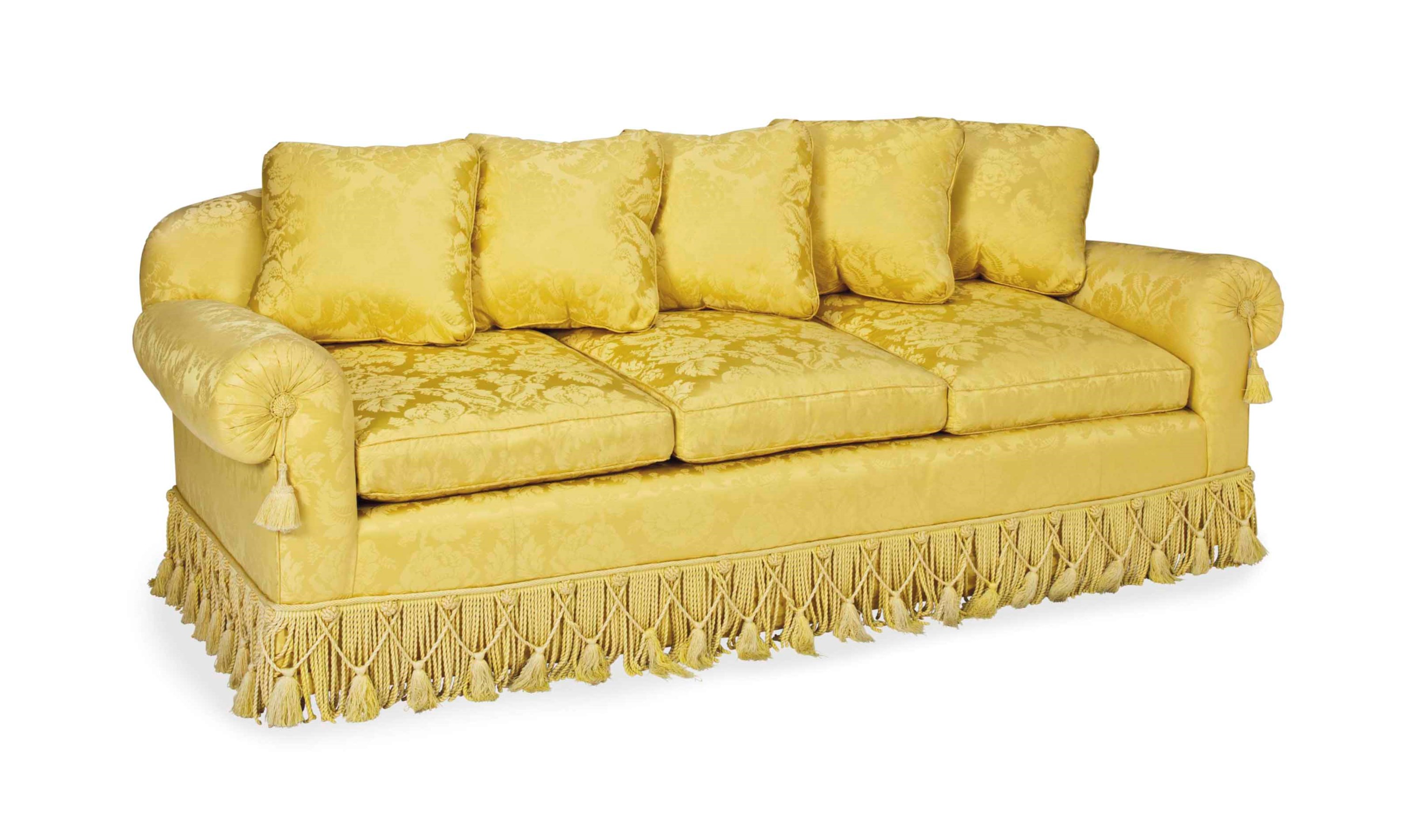A MODERN THREE-SEAT SOFA UPHOLSTERED IN YELLOW SILK DAMASK