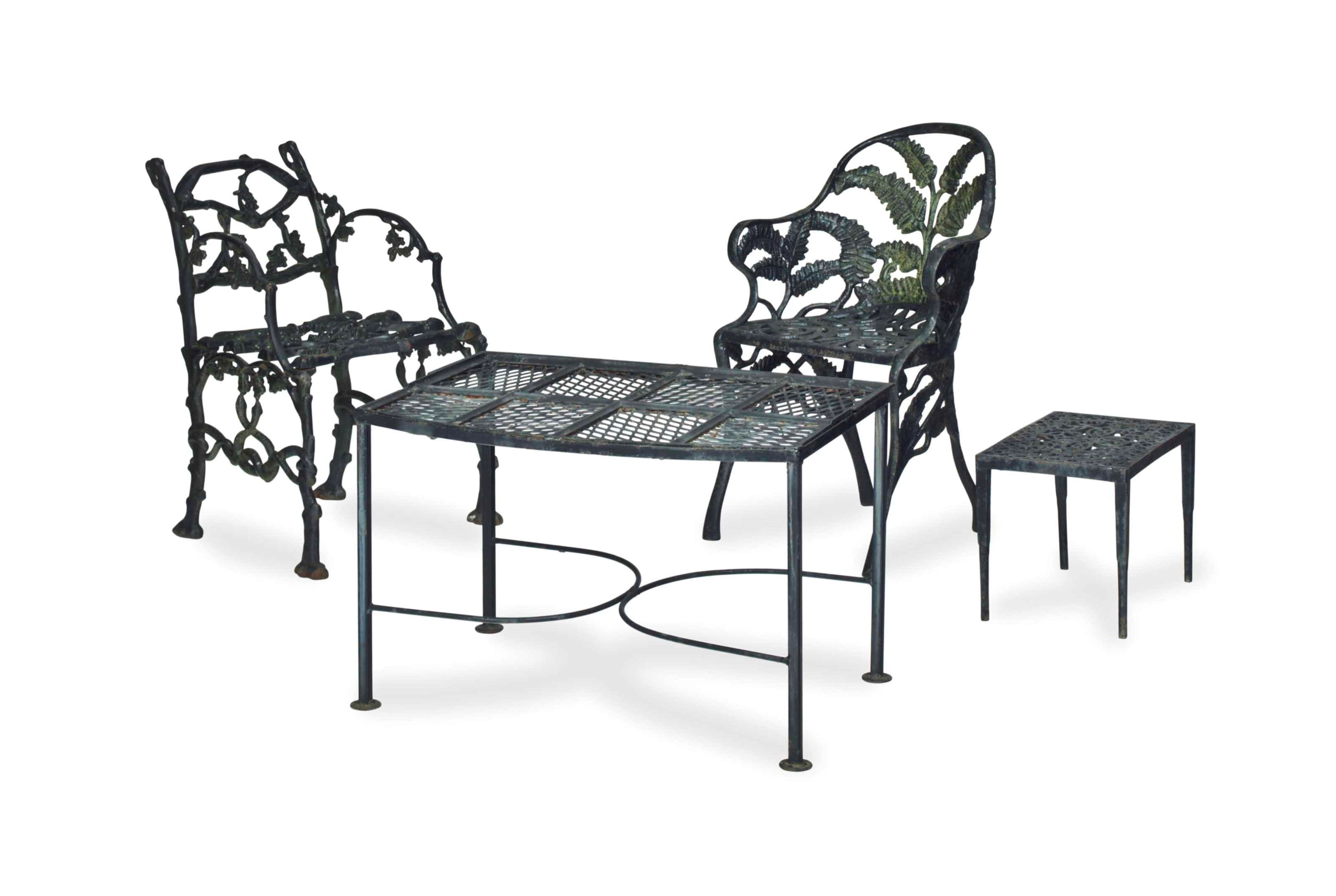 AN ASSEMBLED GROUP OF BLACK-PAINTED CAST IRON GARDEN FURNITURE,