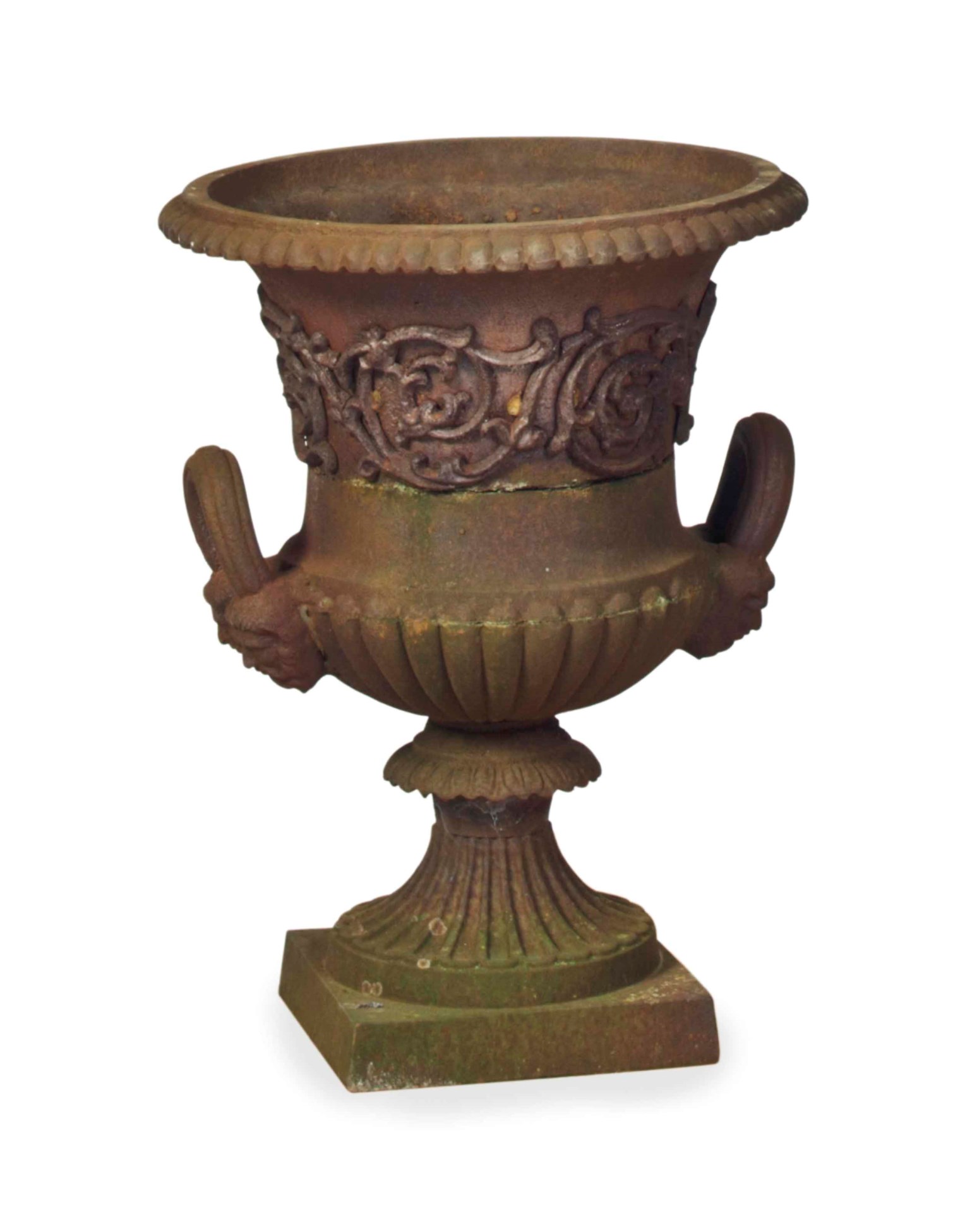 A PAIR OF CAST IRON GARDEN URNS,