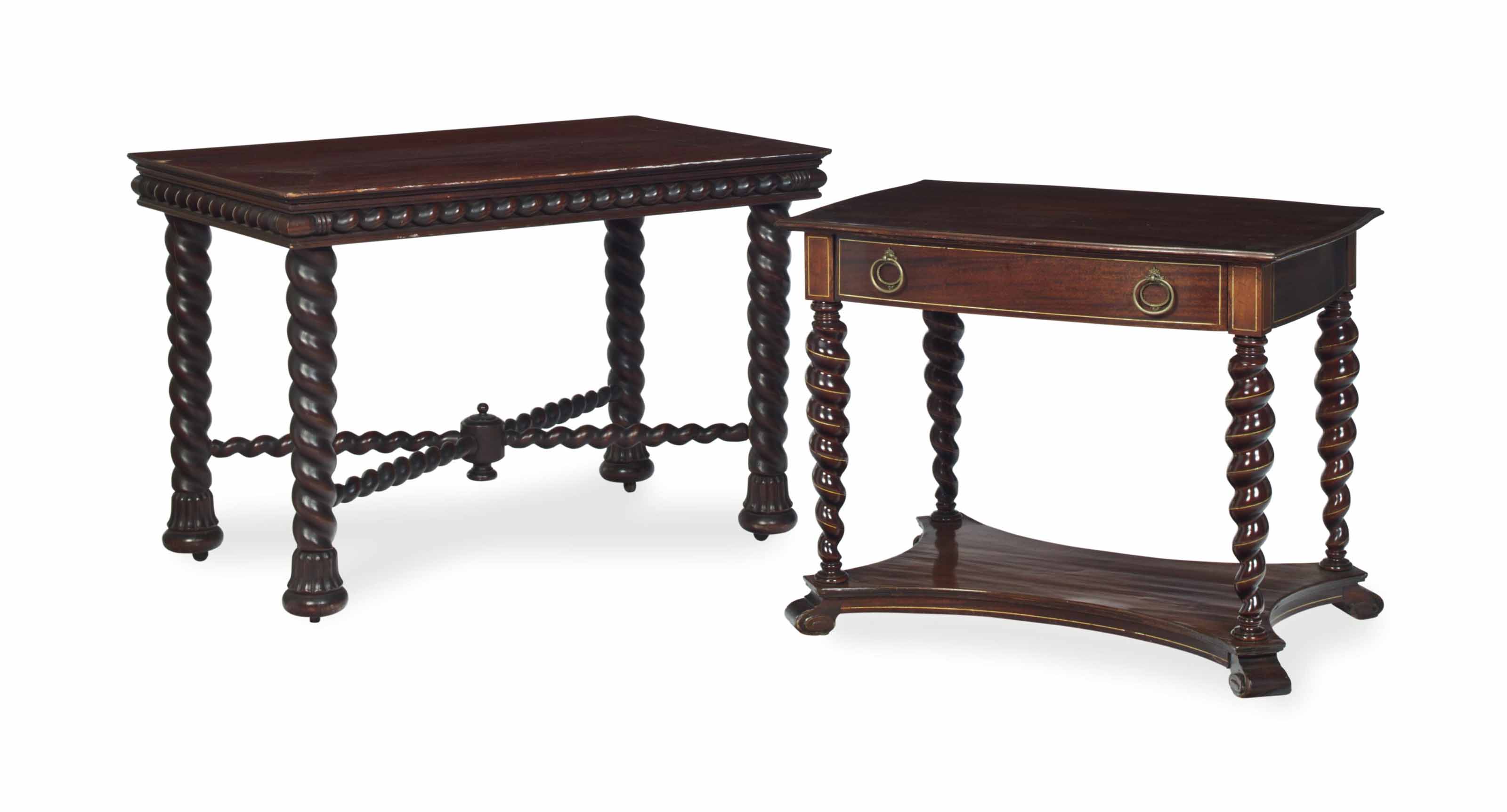 A NORTH EUROPEAN INLAID MAHOGANY SIDE TABLE AND A MAHOGANY CENTER TABLE,