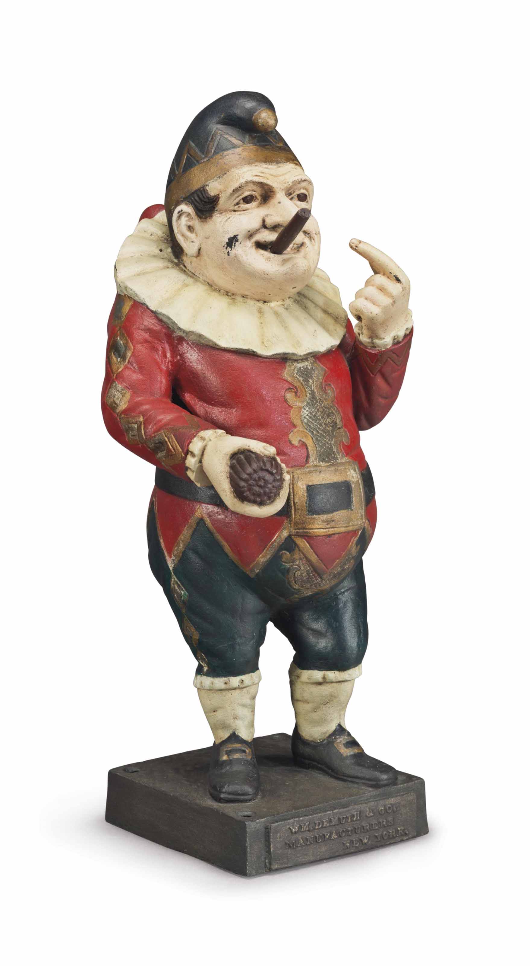 A POLYCHROME PAINTDECORATED ZINC PUNCH CIGAR STORE FIGURE , PROBABLY